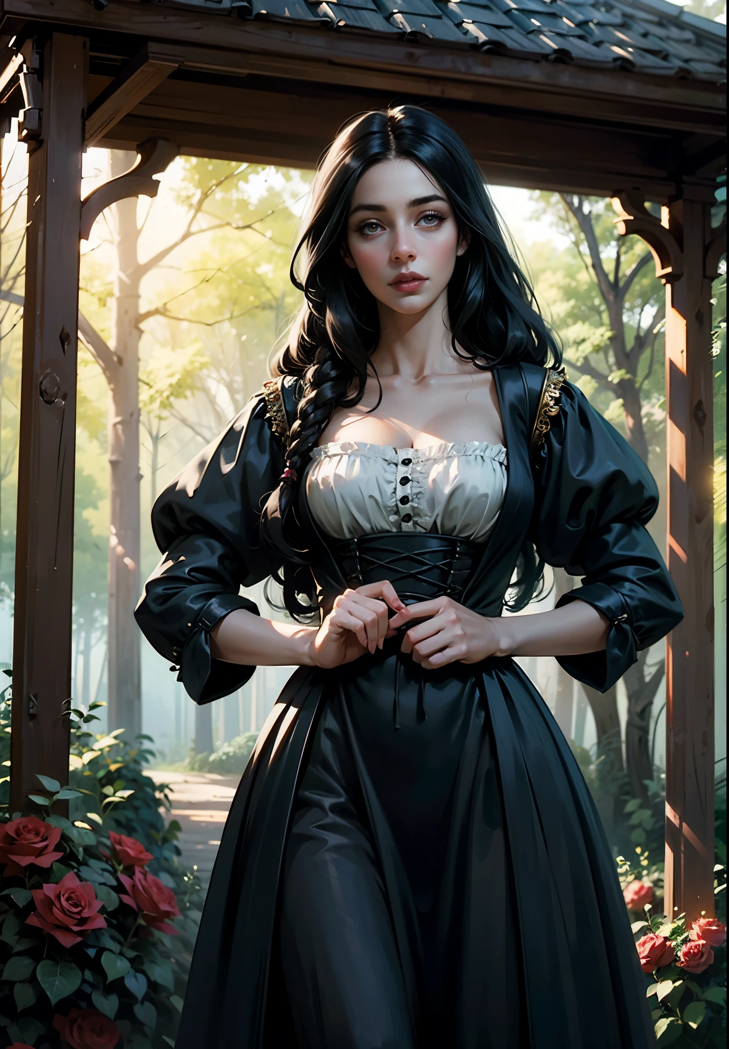 fantasy, Rose bushes, Roses everywhere, light, Forest, ruined gazebo, German appearance, a 23-year-old girl with long black hair, in a peasant dress of the 16th century, looks like Adelaide Kane. HD