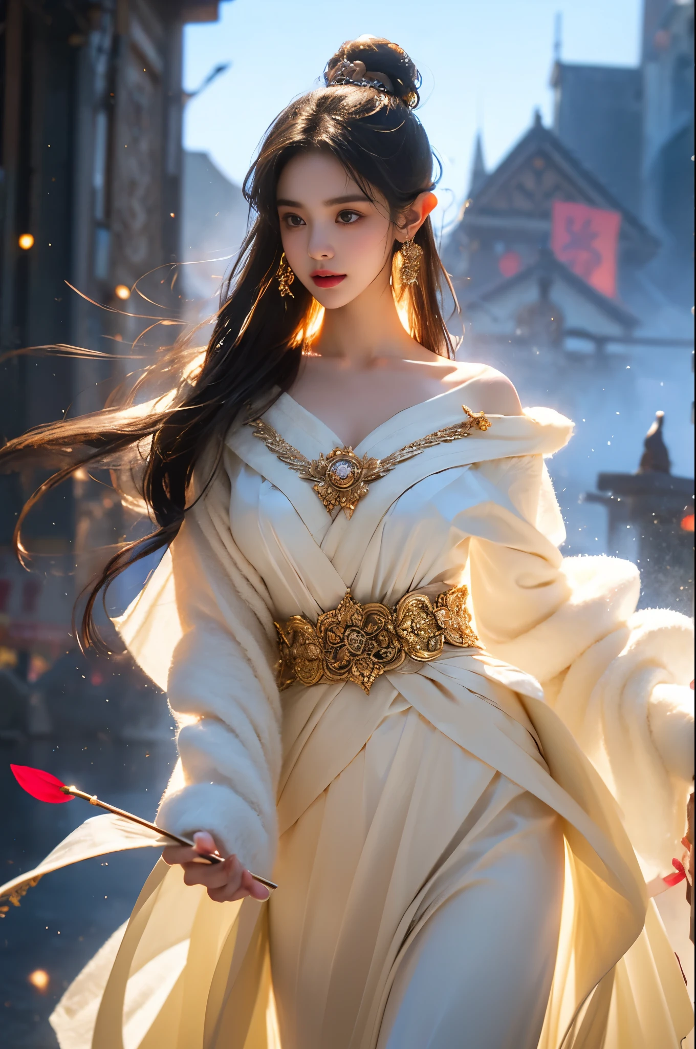 In the depths of Wonderland，The moonlight falls like water，misty room，A heroine figure is vaguely visible，It's like a fairy in a painting，big breasts beautiful而又带着一丝mistic的色彩。

Her face is beautiful and refined，Like finely crafted jade，Revealing an otherworldly beauty。The eyebrows are picturesque，Long eyebrows into sideburns，The waves in my eyes seemed to be twinkling with stars，Revealing the light of perseverance and wisdom。The bridge of the nose is straight，Lip color like cherry，The slightly raised corners of the mouth reveal confidence and calmness。Her face is well defined，The skin is as fair as jade，Reveal a healthy glow，Like a fairy who doesn&#39;t eat fireworks from the world。

Her makeup is light and delicate，There is no excessive embellishment，But it is enough to show her temperament and charm。The light foundation brings out the transparency of her skin，A light eyebrow pencil outlines her perfect eyebrow shape，Eye makeup is  eye shadow and eyeliner，Make her eyes brighter and more energetic。Lips are painted with elegant lipstick，Adds a bit of charm and delicacy。

Her clothes are elegant and chic，Wearing white clothes beats the snow，The clothes are fluttering，It seems like it will blow up with the wind at any time，drifting into the distance。The clothes are embroidered with exquisite patterns，既不失ellegance，It also demonstrated her extraordinary skills。A wide belt is tied around the waist，There is a crystal clear jade pendant hanging on it，Swaying with her movements。Her hair is tied back casually，Secure it with a  hosta，A few strands of hair blow gently in the wind，Adds a bit of softness。

Her figure is looming in the fairyland，宛如一道big breasts beautiful的风景线，Attracting everyone's attention。She seems to be an elf in fairyland，big breasts beautiful、ellegance、mistic、And full of power。