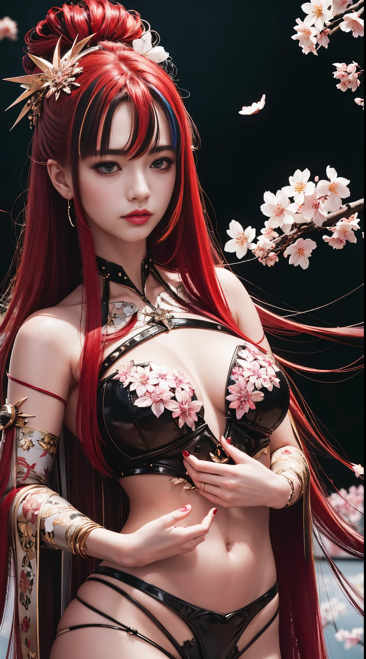 ((Beautiful and cool female torso)), ((Costume with cherry blossom petal motif)), ((Cyberpunk costume with high exposure)), ((Long multicolored hair)), ((Background is another world) )), blue eyes, glitter, artistic, nffsw, retina, masterpiece, accurate, super detailed, high detail, high quality, award winning, highest quality, high definition, 1080p, hard disk, 4K, 8K, 16K