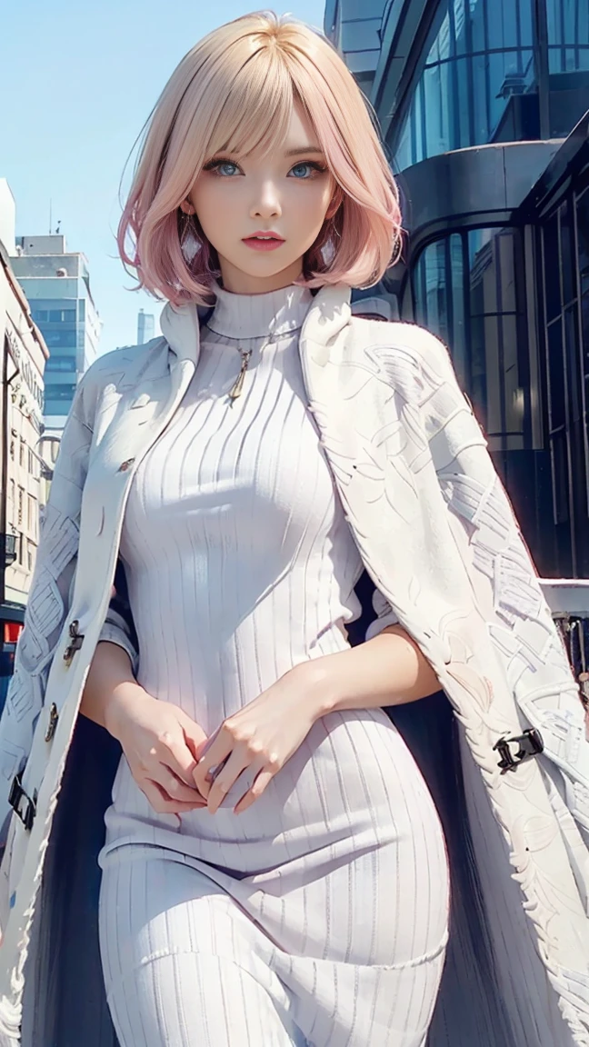 layered bob hairstyle, (Blonde with pink inner color), She has beautiful sparkling purple eye color, ​masterpiece, Best Quality,(Photorealistic: 1.4),Ultra High Resolution, unity 8k, (Beautiful detailed eyes:1.6),Symmetrical, extra detailed face, Perfect Lighting, (Perfect hands, Perfect Anatomy), (Background in the city:1.3), ((White maxi knit dress and gown coat:1.3))