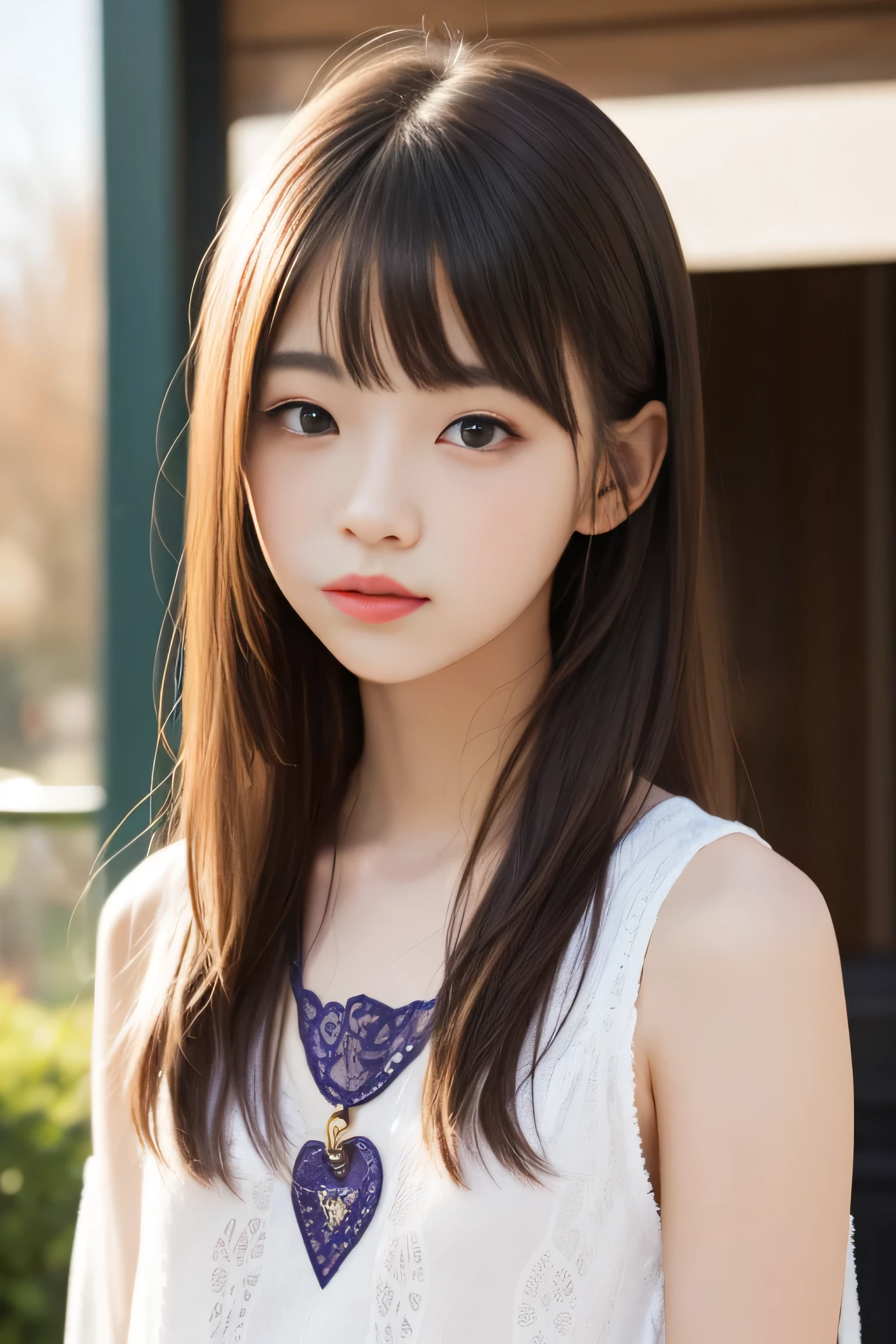 A woman with long hair wearing a white top and blue necklace - SeaArt AI