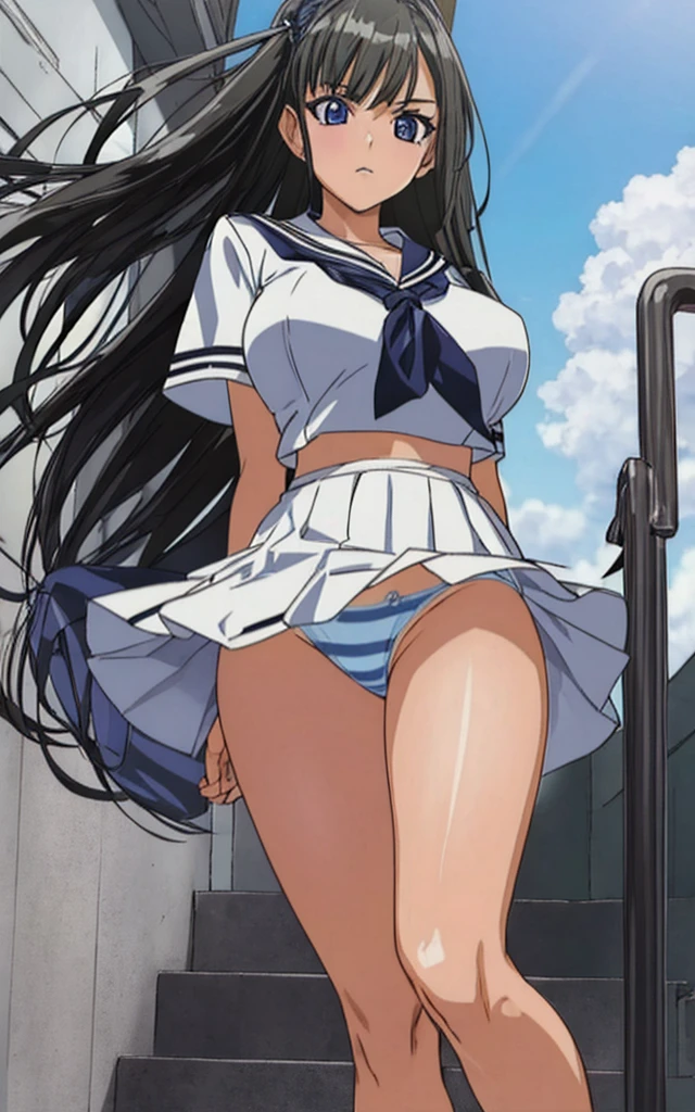 A beautiful woman with long black hair, big breasts, beautiful legs, and a sharp face is wearing a sailor suit with a white miniskirt, showing off her light blue and blue panties, and is standing with her legs spread apart on the stairs.。