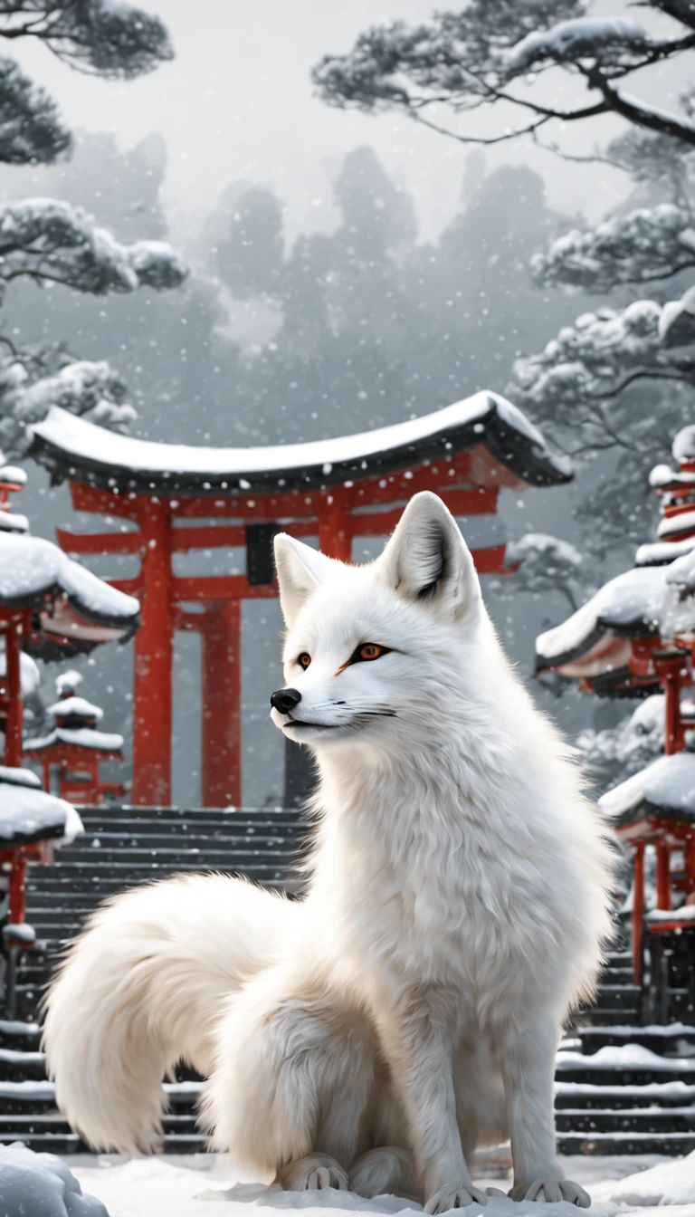 1white fox,have 9tails,animal photo, realistic,Shinto shrine,snow,winter,best quality, masterpiece, 8K