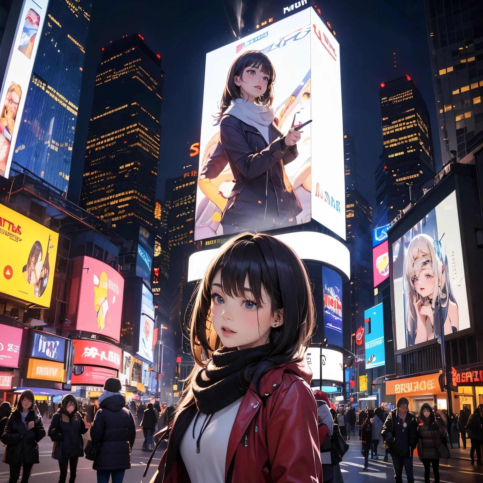(((a woman is in front of the giant digital billboard at Times Square on Christmas day, all of giant digital billboard is broadcasting the same video about her appearance live, steam vending from the road))), ((winter clothes with Christmas colors)), looking away, angle from below, (drooping eyes, sleepy, ecstasy face, blush, earrings, many people pass, big Christmas tree, (Pixie Cut),
