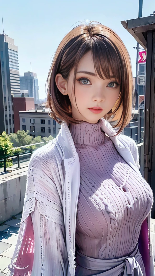 layered bob hairstyle, (Blonde with pink inner color), She has beautiful sparkling purple eye color, masterpiece, Best Quality,(Photorealistic: 1.4),Ultra High Resolution, unity 8k, (Beautiful detailed eyes:1.6),Symmetrical, extra detailed face, Perfect Lighting, (Perfect hands, Perfect Anatomy), (Background in the city:1.3), ((Maxi knit dress and gown coat:1.3))