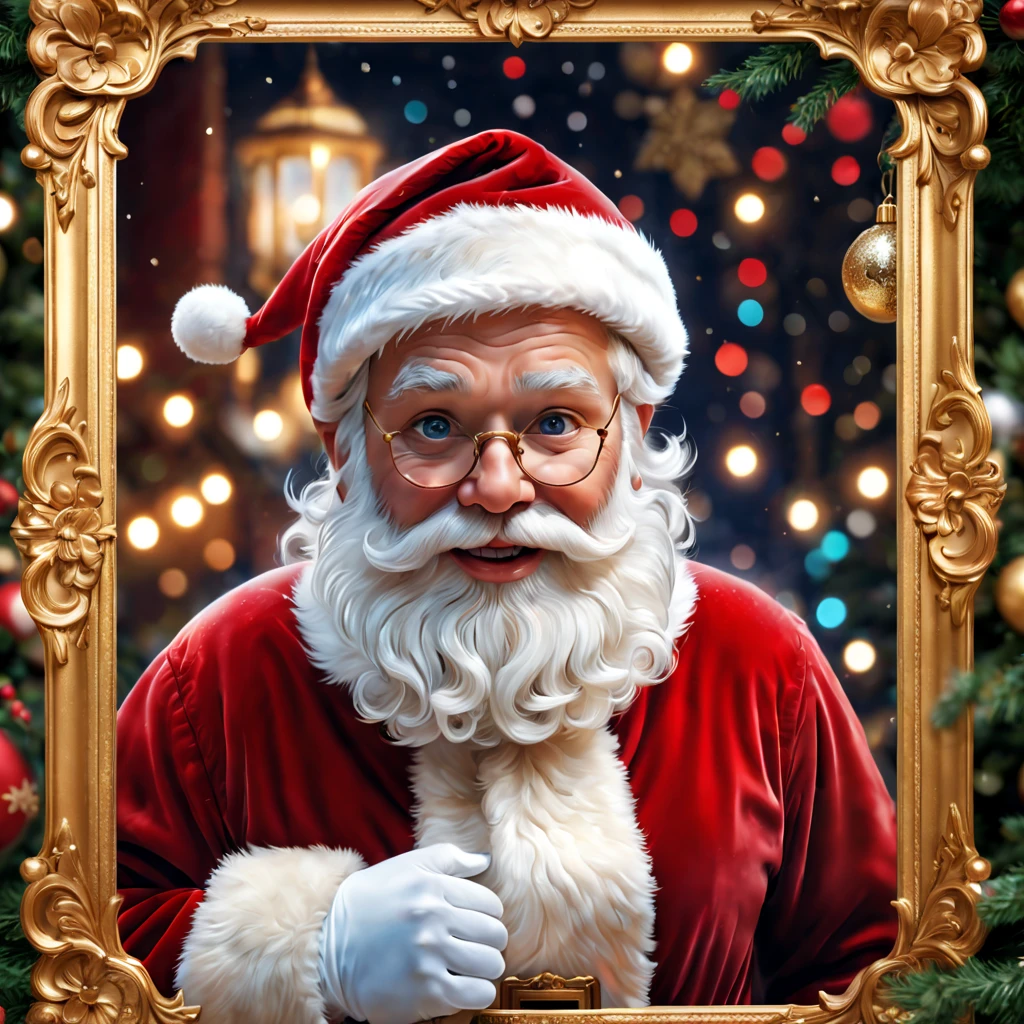 (best quality,4k,8k,highres,masterpiece:1.2),ultra-detailed,(realistic,photorealistic,photo-realistic:1.37),Santa Claus sticker,vibrant colors,sparkling details,shiny golden frame,holiday spirit,cheerful expression,winter wonderland,Nordic style,red and white theme,festive atmosphere,twinkling lights,magical background