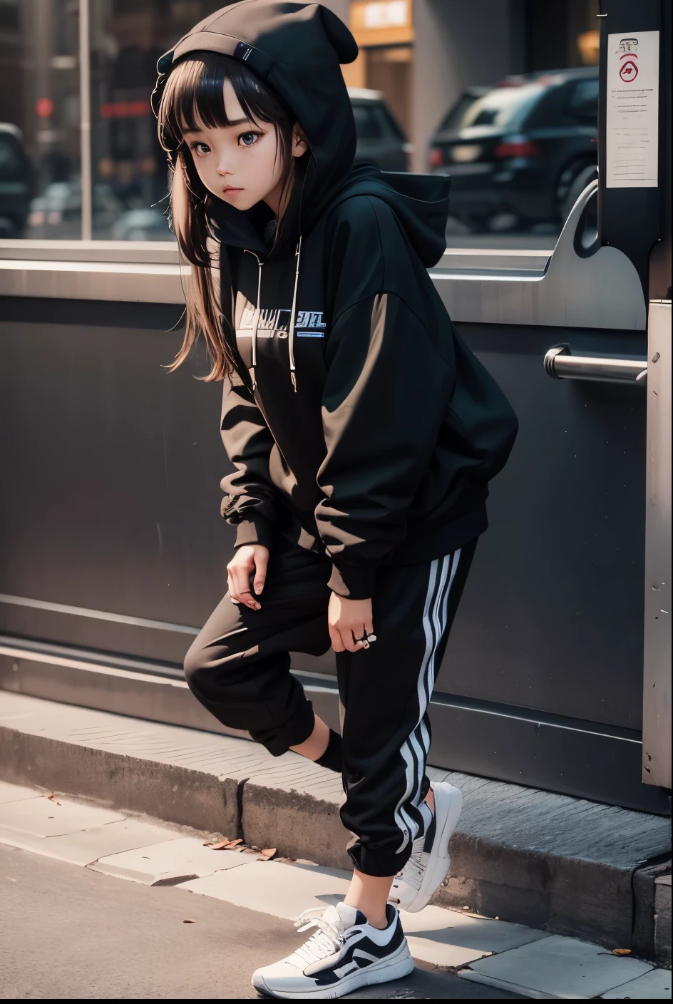 Girl wearing a hoodie, wide black pants, and sneakers