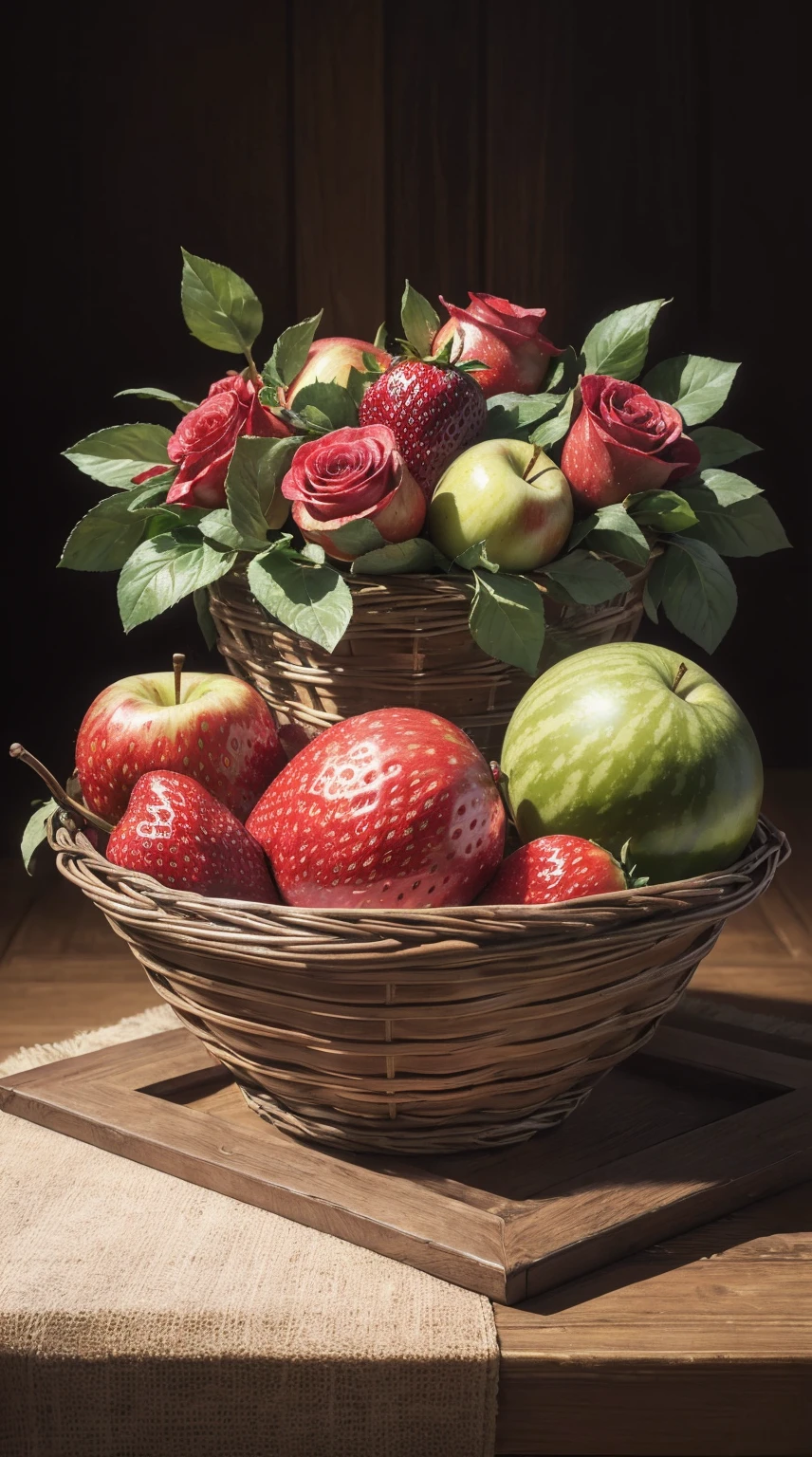 (best quality,4k,8k,highres,masterpiece:1.2),ultra-detailed,(realistic,photorealistic,photo-realistic:1.37),
fruit basket,large watermelon,apple,eggplants,strawberries,decorated with roses,fresh and vibrant colors,natural lighting,still life,classic painting style.