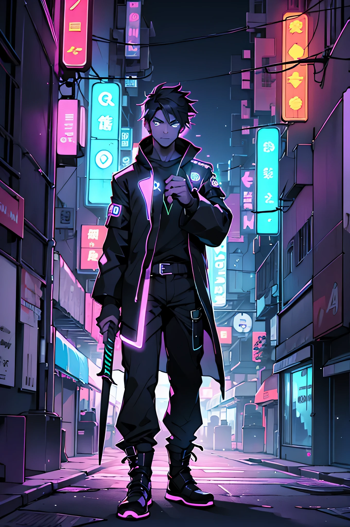 (Magic:1.1), in full height, (Solo man:1.3), (mage:1.2), in a modern city, (ember:1.2), black theme, (Neon Outline:1.3), neon daggers, Two daggers, thief, A Night on the Town, Gloomy