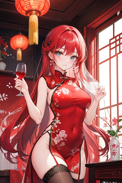 A red-haired girl is deep inside a Chinese wedding，beautidful eyes，perfect body figure，Wearing a red lace cheongsam，black lence stockings，Raise your glass elegantly，looking toward the viewer