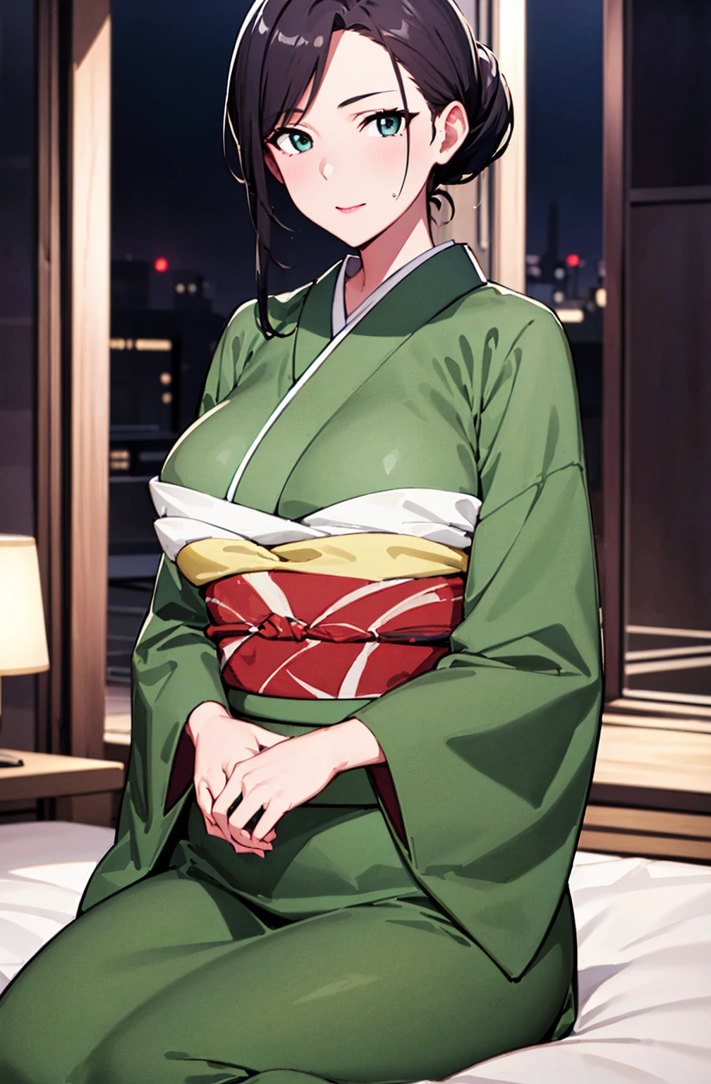 (Night:1.7), Japan, Tokyo, CityView, Before Window,
Standing at attention, Sitting on tatami,
Green_japanese clothes,kimono, yakata, 
low_ponytail,brown eyes,brown hair, bangs,Hair_bun,
1 girl, 20yo,mature female,Beautiful Finger,Beautiful long legs,Beautiful body,Beautiful Nose,Beautiful character design, perfect eyes, perfect face,
looking at viewer, in the center of the image,
NSFW,official art,extremely detailed CG unity 8k wallpaper, perfect lighting,Colorful, Bright_Front_face_Lighting,
(masterpiece:1.0),(best_quality:1.0), ultra high res,4K,ultra-detailed,
photography, 8K, HDR, highres, absurdres:1.2, Kodak portra 400, film grain, blurry background, bokeh:1.2, lens flare, (vibrant_color:1.2)
(Beautiful,Large_Breasts:1.6), (beautiful_face:1.5),(narrow_waist),