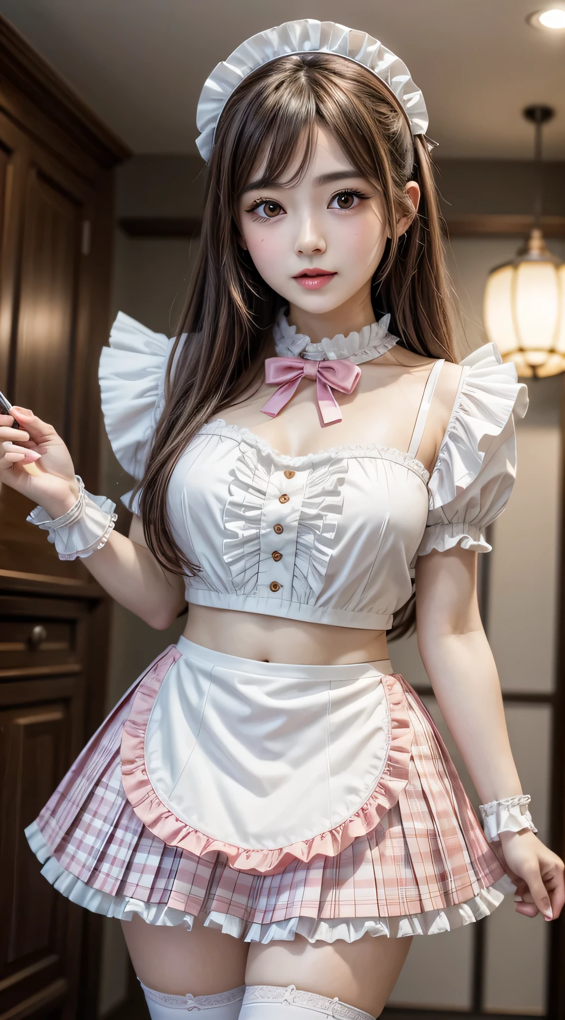 (1young girlrown hair, Amazing face and eyes, Pink eyes, seducting smile, (Maid café costume with frills, Pleated mini-skirt:1.5), (Wide open maid cafe costume:1.2), bared chest, (amazingly beautiful girl), Brown hair, Stylish hair ornamen Quality:1.4), (Ultra-detailed), (extremely detailed CG unified 8k wallpaper), Highly detailed, High-definition raw color photos, Professional Photography, depth of fields, (View from below),