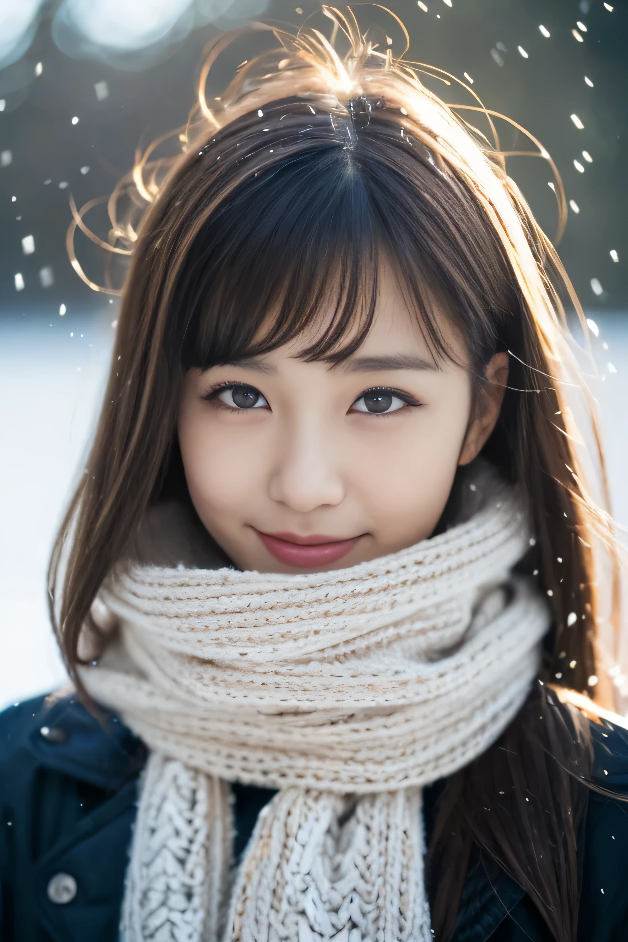 (realisitic、Photorealsitic、ultra-detailliert、Highest Details Skins、top-quality、masterpiece、超A high resolution)、(Paul Rubens and Rebecca Guay's style:1.1) 、Cute Japan Woman、、hi-school girl、younggirl、1 girl in、I have bangs、二重まぶた、drooing eyes、Large black eyes、Japanese style face、ssmile、Charming、purity、Straight face、double tooth、View here、realisiticな肌質、Thick muffler、Grey muffler、fluffy hair、((Hair is inside the scarf:1.3))、Red cheeks、The wind is blowing、It's snowing、illuminations、Lighting from behind