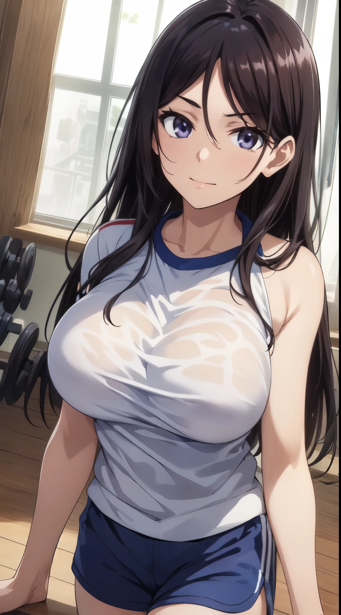 (masterpiece:1.5),Anime Character,very precise details,Ultra High Resolution,the Extremely Detailed CG Unity 8K Wallpapers,(Realistic,Photorealsitic,hyper realisitic:1.5),(Curve,Model,Farbe care:1.5),Beautiful breasts,Farbe_aberration,beautiful detailed shadow,Beautiful eyes,Beautiful body,Beautiful skin,beautifull hands,Huge breasts,(Aesthetic Anime Eyes:1.4),(Gym clothes,Blue shorts:1.4),Seductive thighs,(A dark-haired,Long straight hair:1.4),Focus on the chest,Attractive anime girl with big breasts, A seductive anime girl, Attractive anime girl with a flirtatious smile, classroom with windows, captivating anime high school student, Beautiful detailed eyes, Beautiful detailed lips,Curve beauty, Magic lighting, in a provocative pose, Anime-style artwork, Bright Farbe and Farbe style, Marine Kitagawa Fan Art, Teasing smile, surreal atmosphere, Ethereal Atmosphere,