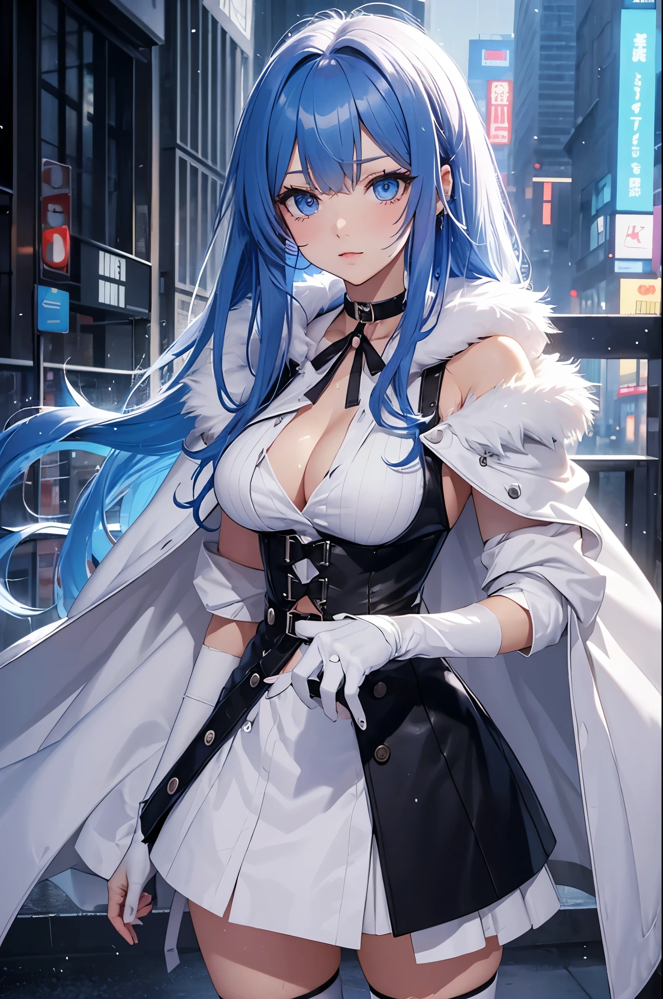 tmasterpiece, Best quality at best, in the rain, In the cyberpunk city, of a real, photore, humongous large breast_filesize, hoist, Chibi, long whitr hair, Blue hair, Wet hair, ldisheveled hair, mirth, eBlue eyes, medium, Sleeveless sweater dress,Hooded fur-trimmed cape， White stockings, kneeoots, ribbons_choker necklace, choker necklace, half gloves , 耳Nipple Ring, Turn around,