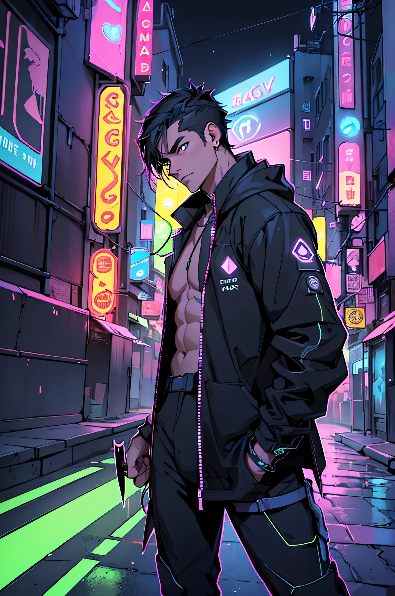 (Magic:1.1), in full height, (Solo man:1.3), (mage:1.2), in a modern city, (ember:1.2), black theme, (Neon Outline:1.3), neon daggers, Two daggers, thief, A Night on the Town, Gloomy