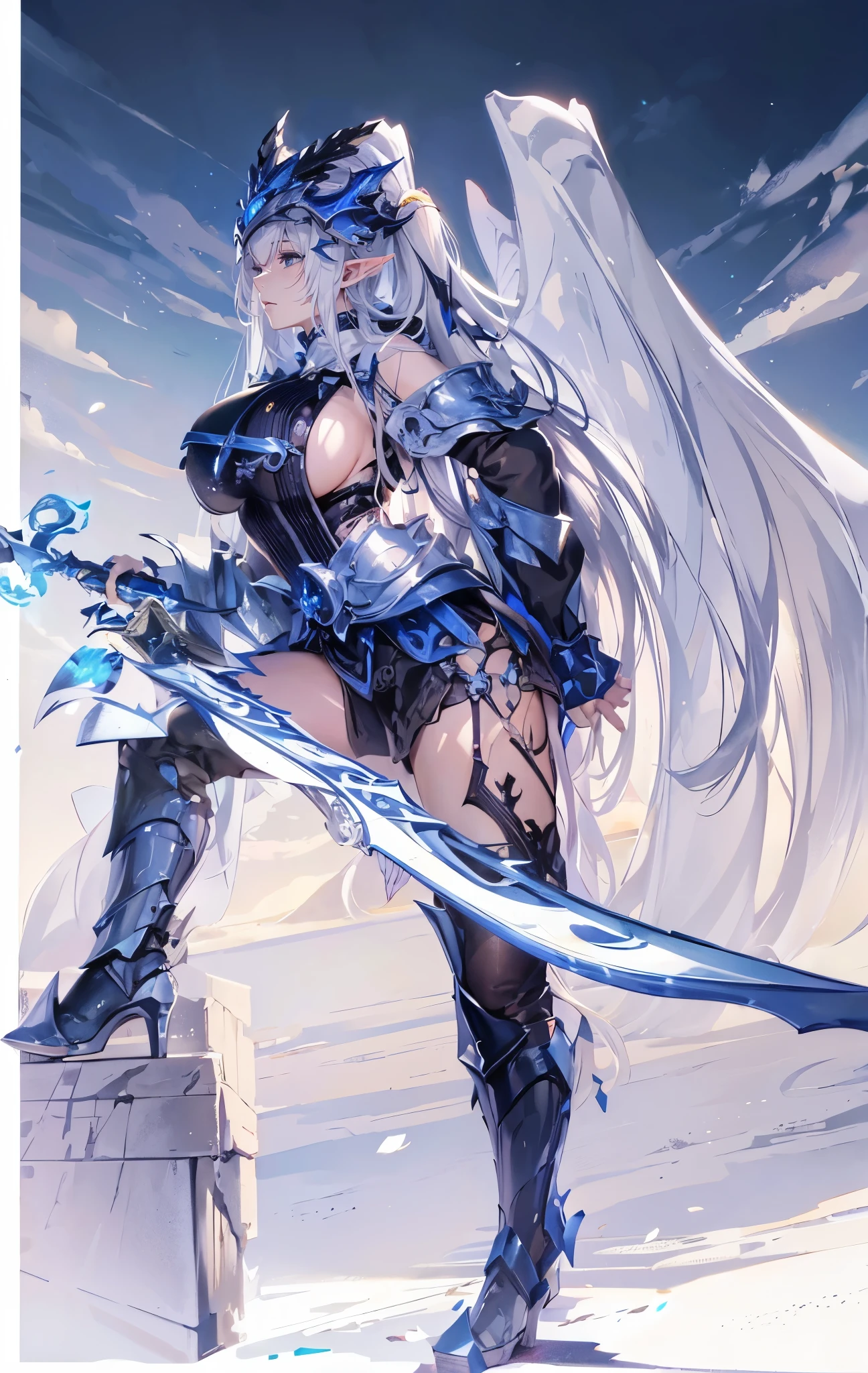 closeup cleavage,Beautiful background, The world of dreams, Sister of the Elf King,Stretch out your left leg and step on the platform,mature face, Long face shape,  spiny helmet, , The demons, humanoid creature, Long ponytail hair, long elf ears,Her skin is very white, white complexion, Clear  eyes, Exquisite silver-blue armor, high heels boots，disheveled black hair, Black cloth, 单眼blindfolds, Broken silver blue armor，破旧的high heels boots, saber, blindfolds