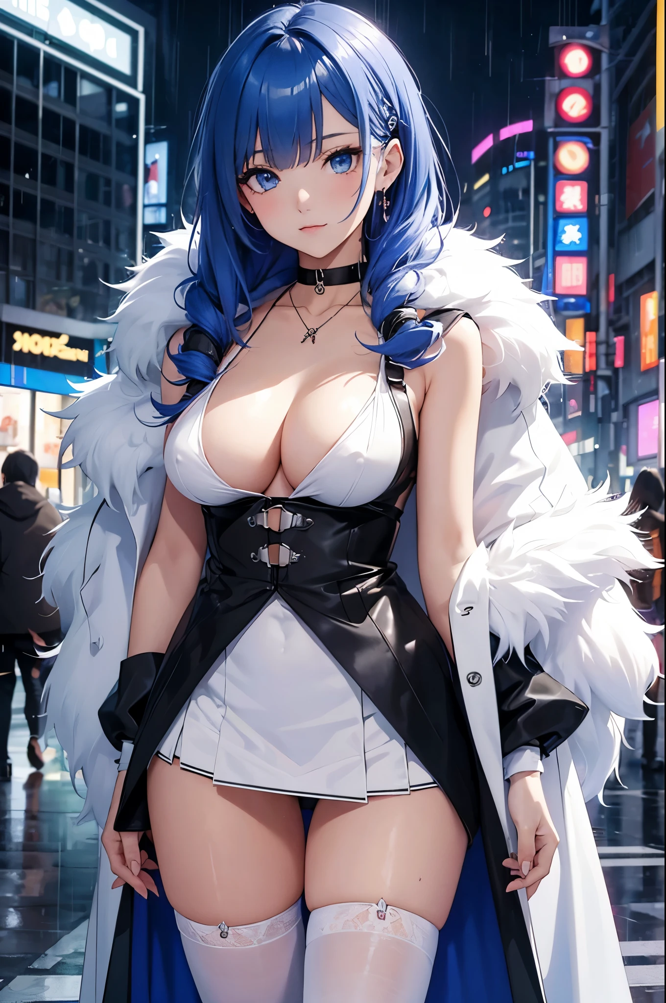 tmasterpiece, Best quality at best, in the rain, In the cyberpunk city, of a real, photore, humongous large breast_filesize, hoist, Chibi, long whitr hair, Blue hair, Wet hair, ldisheveled hair, mirth, eBlue eyes, medium, Sleeveless sweater dress,Hooded fur-trimmed cape, White stockings, kneeoots, ribbons_choker necklace, choker necklace, half gloves , 耳Nipple Ring, Turn around,