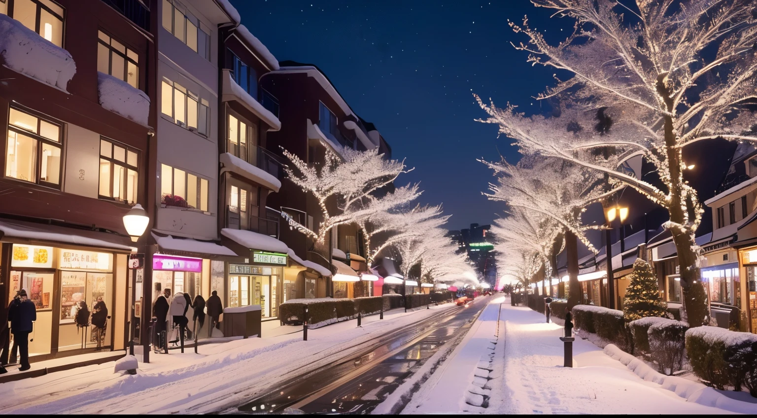 (Best Quality,4K,8K,hight resolution,masutepiece:1.2),Ultra-detailed,(Realistic,photoRealistic,photo-Realistic:1.37),wide-angle lens,Near the subway exit,a person々landscape with,クリスマスの夜に恋a personを待つ女性,Cityscape decorated with Christmas illuminations,A road with many cars passing by,多くのa personが歩道を歩いています,shopping street,snowfall