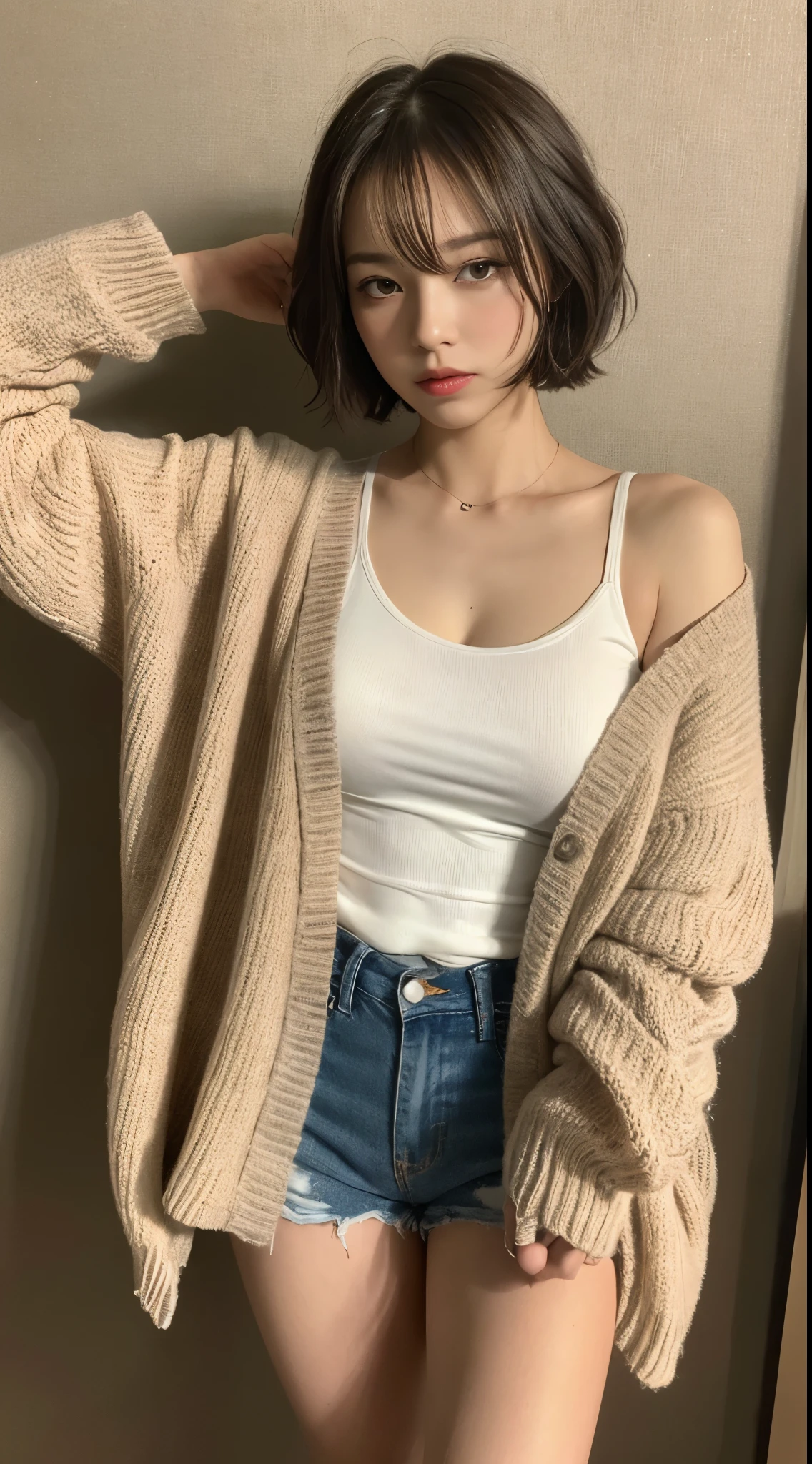 ((Best quality, 8k, Masterpiece :1.3)), 1girl, Abs beauty:1.3, (Medium and short hair, :1.2), Cardigan:1.1, Ultra-fine face, 詳細な目, 二重まぶた