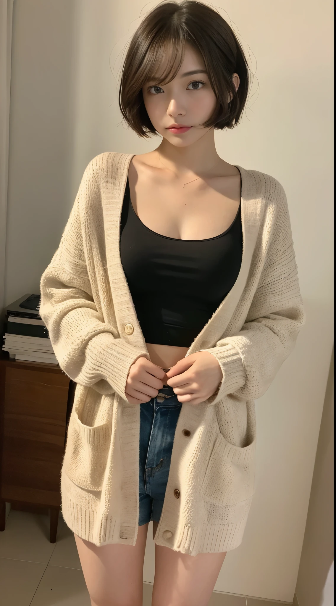 ((Best quality, 8k, Masterpiece :1.3)), 1girl, Abs beauty:1.3, (Medium and short hair, :1.2), Cardigan:1.1, Ultra-fine face, 詳細な目, 二重まぶた