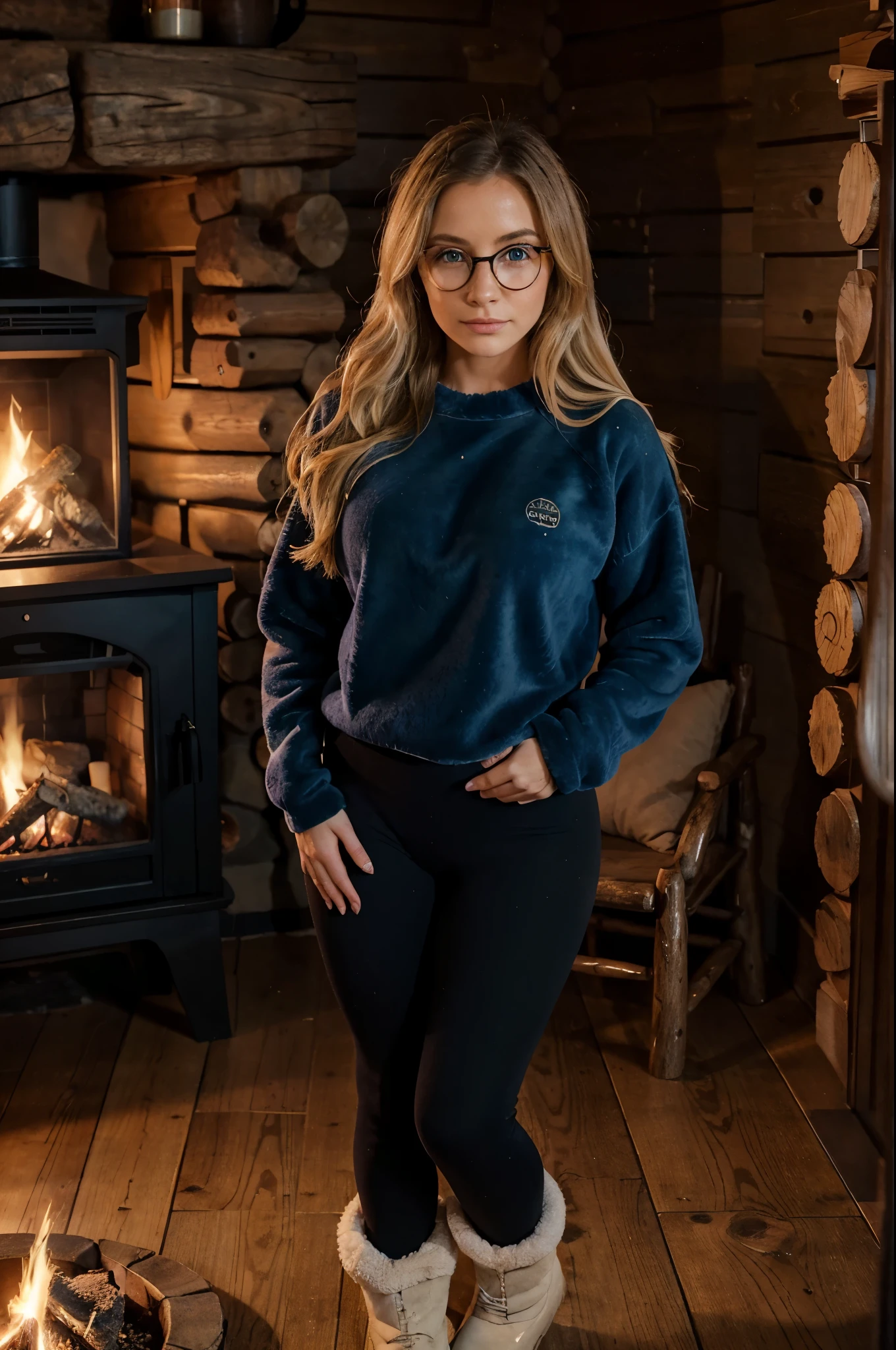 1woman, ombré blonde balayage hair, beautiful blue eyes, freckled face, beautifully detailed face, circle glasses, creame sweatshirt, seamless black leggings, fuzzy faux fur ugg boots, loving pose, log cabin by fire place background, full body portrait.