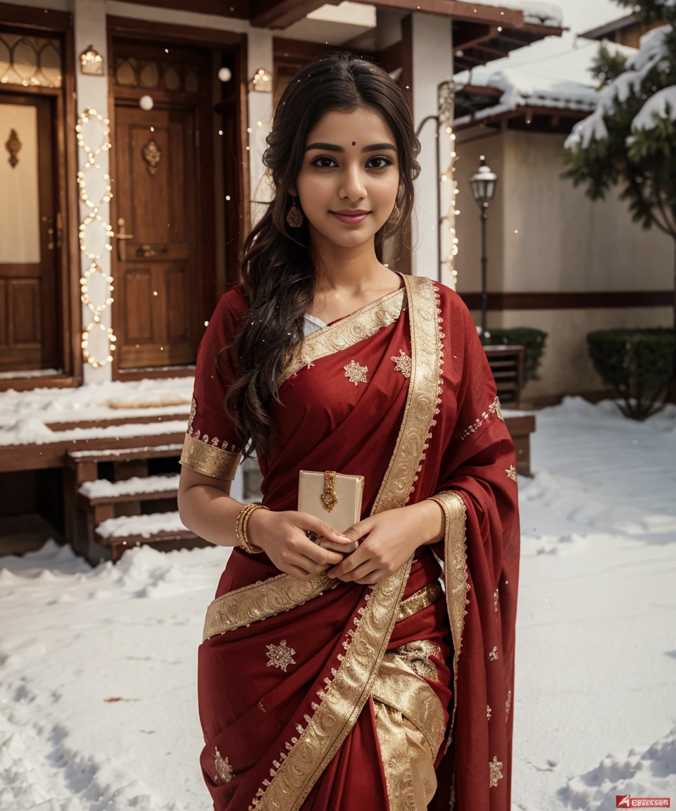 Highly detailed CG Unity 8k wallpaper, best quality, super detailed, masterpiece, realistic, photo realistic, beautiful girl from india very detailed, 25 years old, ready to celebrate Christmas, round eyes, blushing, smiling, lips parted, ( full body shoot: 1.2), thin saree, standing, snow background