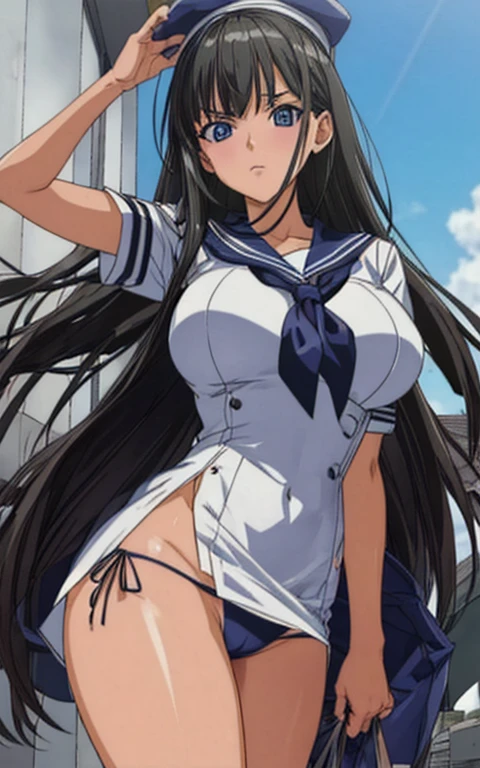 A beautiful woman with long black hair, big breasts, beautiful legs, and a sharp face is wearing a sailor uniform with a white miniskirt, showing off her light blue and blue panties as she confronts an elderly man in a suit.。