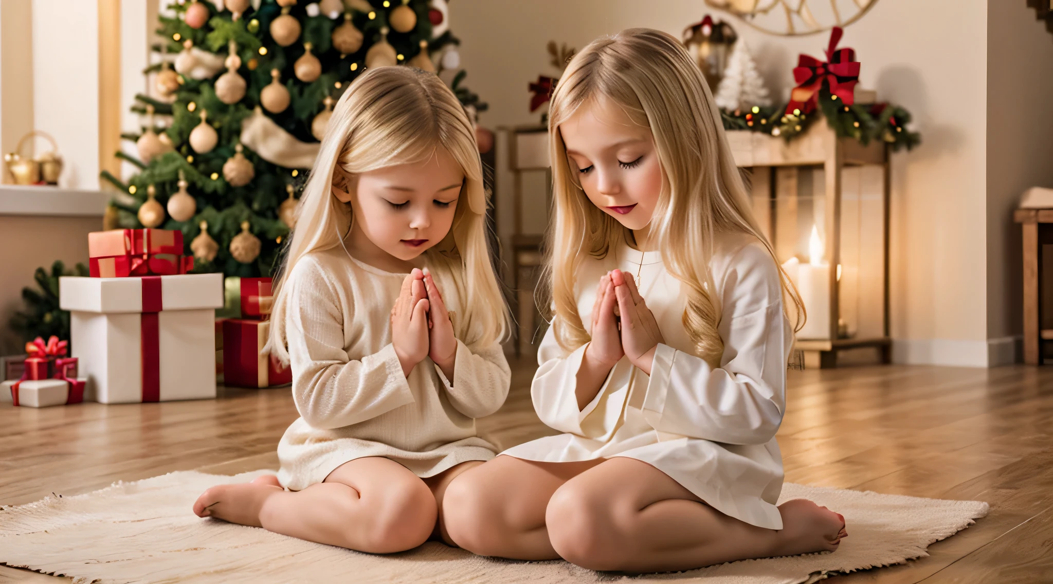 Blonde children girl WITH STRAIGHT HAIR ON HEAD GREEN COLOR BOWS, PRAYING, RED BACKGROUND, CANDLES WITH FIRE.