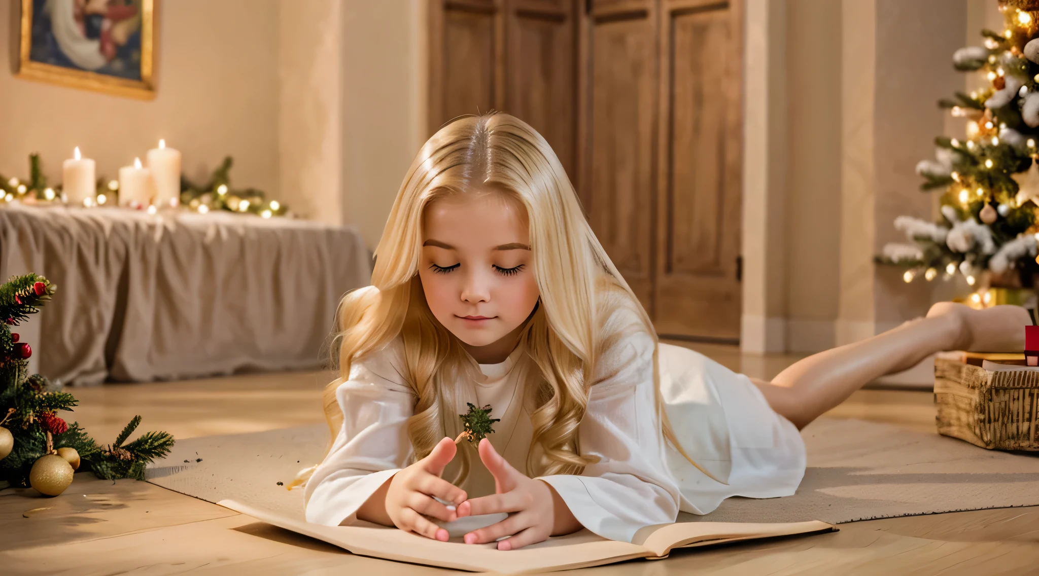 blonde girl put her hands together in prayer: Expresses the importance of spirituality during Christmas.