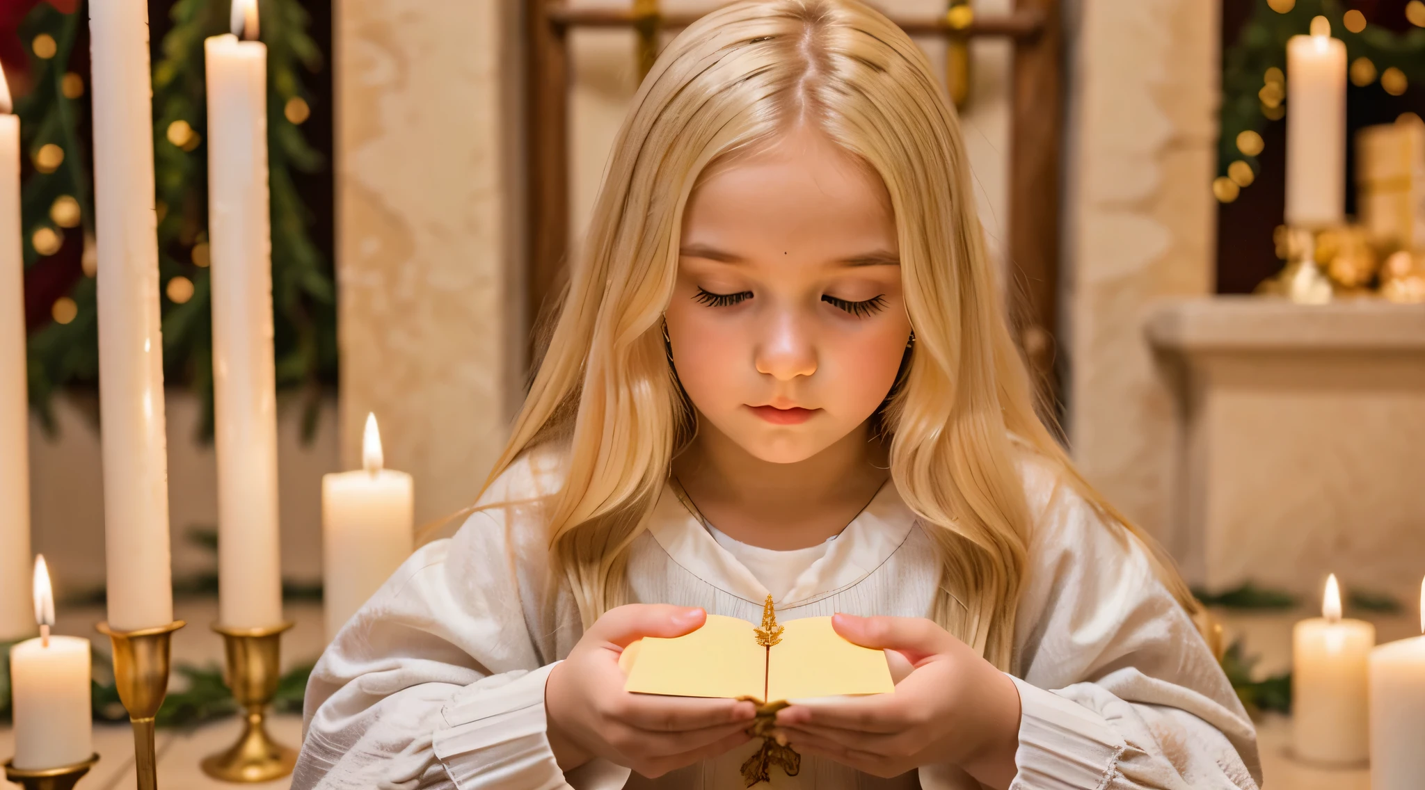 blonde girl put her hands together in prayer: Expresses the importance of spirituality during Christmas.