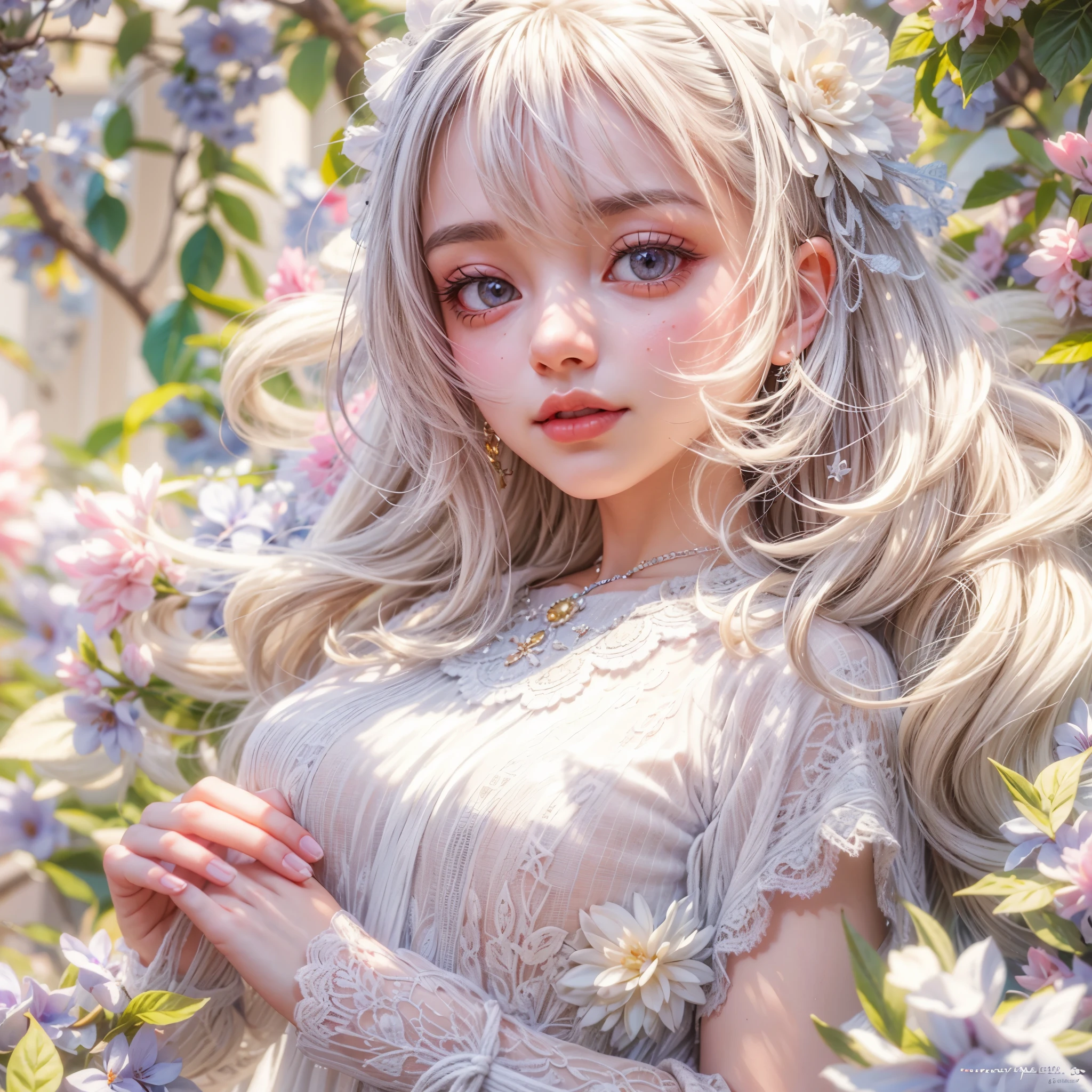concept art, Tiny junior idol, Delicate lace knitted white clothes, (nipple:-0.9), (face closeup, (Dazzling stained glass Background)), (((Renbutsu Misako), vivid colorful Light shines through delicate stained glass:1.35, Dazzling Halo, Acutance:0.8)), {vivid red |lense Particle | lens flare | light Particle}. (masterpiece:1.2),(ultra-detailed:1.37),(realistic,photorealistic,photo-realistic:1.37), (Extremely detailed KAWAII face variations, innocent expression variations), {rosy cheeks | intricate detailed eyes with sparkling highlights | long eyelashes with volume | subtle blush on the face}. Mystic sight, haze, impeccable skin texture, captivating gaze, ((Dynamic-angle, physically-based rendering)), whole Body proportions and all limbs are anatomically accurate . full of flowers covering girl's body .