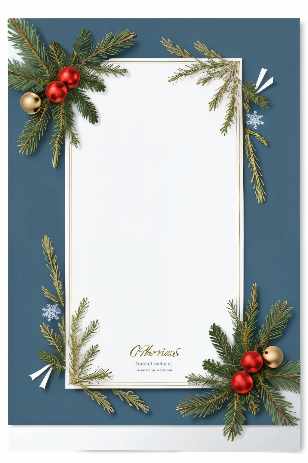 christmas note with fir branches and bells on blue background, , poster background, full view blank background, background is white and blank, the background is white, background is white, white border and background, card template, , background, 4k, high quality