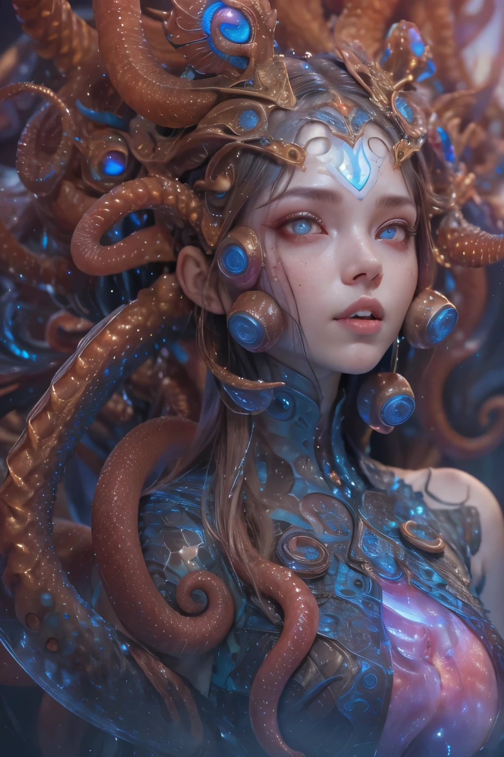 Portrait, (beautiful female alien:1.2),  (There is a female genital-like organ in the middle of the forehead.:1.8), (The most beautiful face in the history of the universe:1.2), (Glowing scarlet eyes:1.6), (Translucent pale skin:1.8), an evil gaze that seduces , (red eyes:1.5), Full body like, (Sexypose:1.5), alien, No humans, cells are fused, (Lots of translucent Blue tentacles:1.1), extraterrestrial, cell, bio image, (zenTangle, mandalas, Tangle, enTangle:0.98),(Fractal Art:0.9)(fluttered detailed color splashes:1.1),(marbling:1.1), (Vulgarity:1.15), (Sexy:1.4), sweet  breath, a sultry, ((Ecstasy:1.6)), Best Quality, 8K,4K_quality, High Definition, Dramatic Lighting, masutepiece:1.5,cinematic quality, detail up, (Intricate details:1.2), High resolution, High Definition, drawing faithfully, (Thick eyebrows:1.2), Beautiful eyes with fine symmetry, (Highly detailed face and eyes:1.2), (High-resolution red-eye:1.4), Intimate face, (Super detailed skin quality feeling:1.4), Perfect Anatomy,  (Beautiful toned body:1.5),  (Moist skin:1.2), No makeup, (dark circles:1.1), long canines, cinematic drawing of characters, ultra high quality model, cinematic quality, detail up, (Intricate details:1.2), High resolution, High Definition, drawing faithfully, Official art, Unity 8K wall  , 8K Portrait, Best Quality, Very High resolution, ultra detailed artistic photography, midnight aura,  unreal enginee 5, Ultra Sharp Focus, art by alberto seveso, ArtGerm, Roisch, intricate artwork, Medusa, best quality, masutepiece, ultra High resolution, (photos realistic：1.4), Ultra-realistic realism, dream-like,  nautilus, Creation of fantasy, Snail, Dream Snail,  (biopunk nautilus:1.4), Thrilling color schemes， Ultra-realistic realism， seductively smiling, Blue tentacles