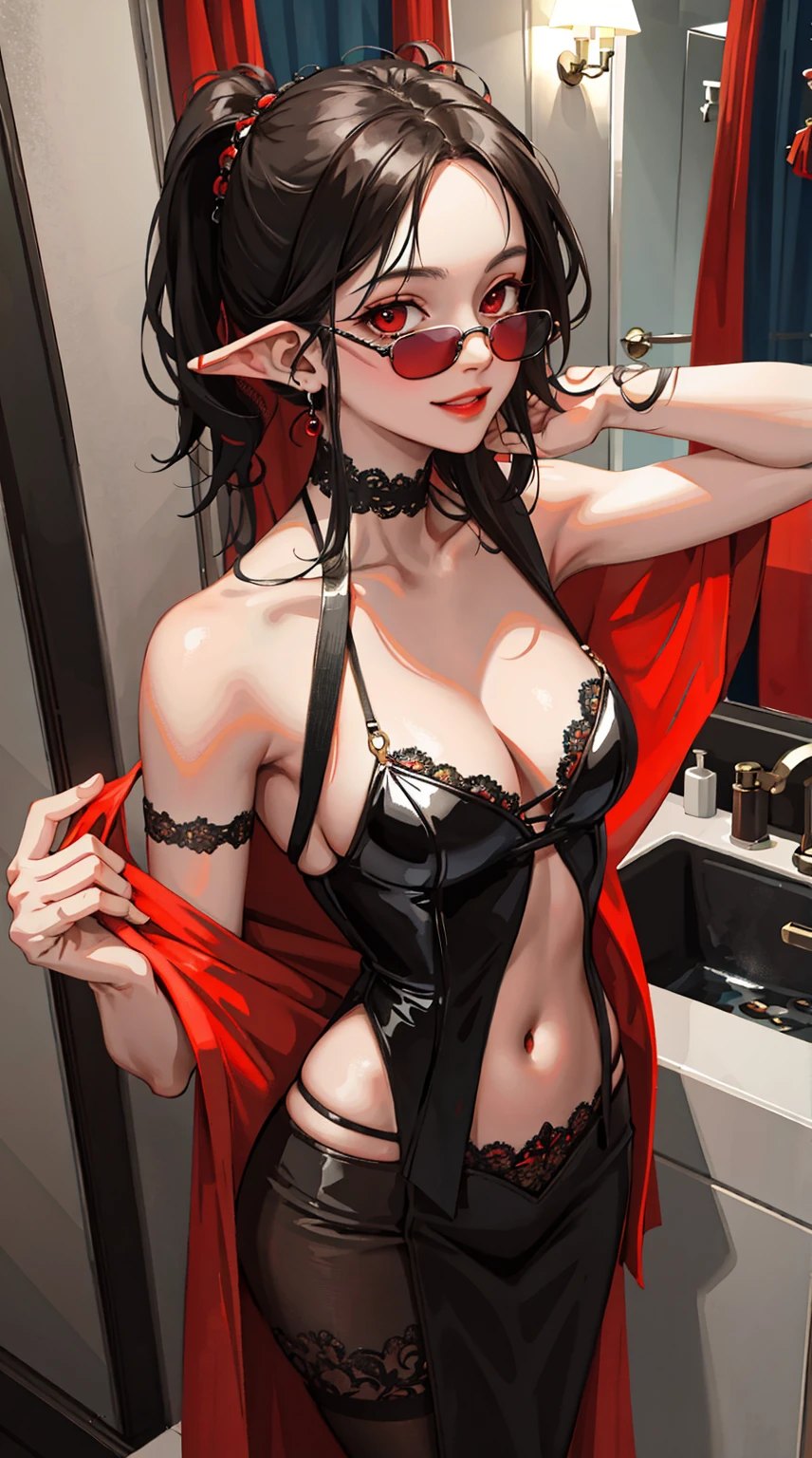 (masterpiece:1.2, best quality), (real picture, intricate details), (masterpiece), (best quality), (ultra-detailed), Succubus with red skin and short black hair. Wearing body suit with exposed navel and cleavage. Medium breasts. Smiling. In bathroom. Standing facing a man. She is holding his exposed cock. Halloween decoration. Looking at him. (Red skin). Meru the succubus