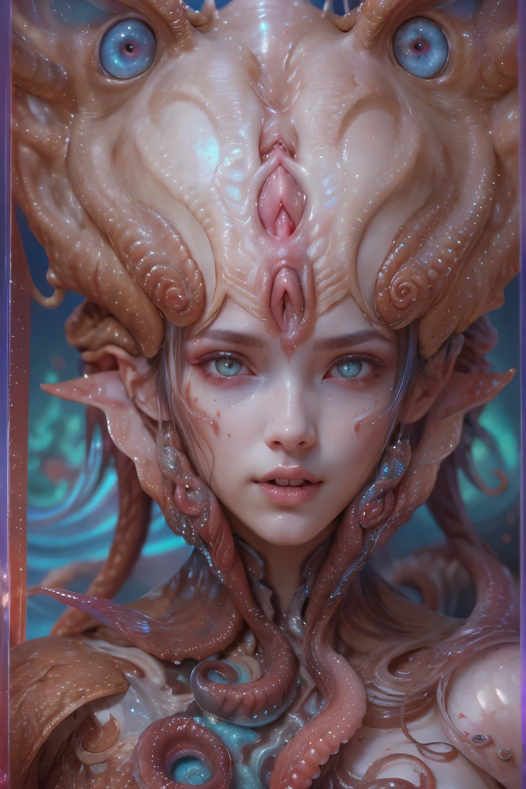 Portrait, (beautiful female alien:1.2),  (There is a female genital-like organ in the middle of the forehead.:1.8), (The most beautiful face in the history of the universe:1.2), (Glowing scarlet eyes:1.6), (Translucent pale skin:1.8), an evil gaze that seduces , (red eyes:1.5), Full body like, (Sexypose:1.5), alien, No humans, cells are fused, (Lots of translucent Blue tentacles:1.1), extraterrestrial, cell, bio image, (zenTangle, mandalas, Tangle, enTangle:0.98),(Fractal Art:0.9)(fluttered detailed color splashes:1.1),(marbling:1.1), (Vulgarity:1.15), (Sexy:1.4), sweet  breath, a sultry, ((Ecstasy:1.6)), Best Quality, 8K,4K_quality, High Definition, Dramatic Lighting, masutepiece:1.5,cinematic quality, detail up, (Intricate details:1.2), High resolution, High Definition, drawing faithfully, (Thick eyebrows:1.2), Beautiful eyes with fine symmetry, (Highly detailed face and eyes:1.2), (High-resolution red-eye:1.4), Intimate face, (Super detailed skin quality feeling:1.4), Perfect Anatomy,  (Beautiful toned body:1.5),  (Moist skin:1.2), No makeup, (dark circles:1.1), long canines, cinematic drawing of characters, ultra high quality model, cinematic quality, detail up, (Intricate details:1.2), High resolution, High Definition, drawing faithfully, Official art, Unity 8K wall  , 8K Portrait, Best Quality, Very High resolution, ultra detailed artistic photography, midnight aura,  unreal enginee 5, Ultra Sharp Focus, art by alberto seveso, ArtGerm, Roisch, intricate artwork, Medusa, best quality, masutepiece, ultra High resolution, (photos realistic：1.4), Ultra-realistic realism, dream-like,  nautilus, Creation of fantasy, Snail, Dream Snail,  (biopunk nautilus:1.4), Thrilling color schemes， Ultra-realistic realism， seductively smiling, Blue tentacles