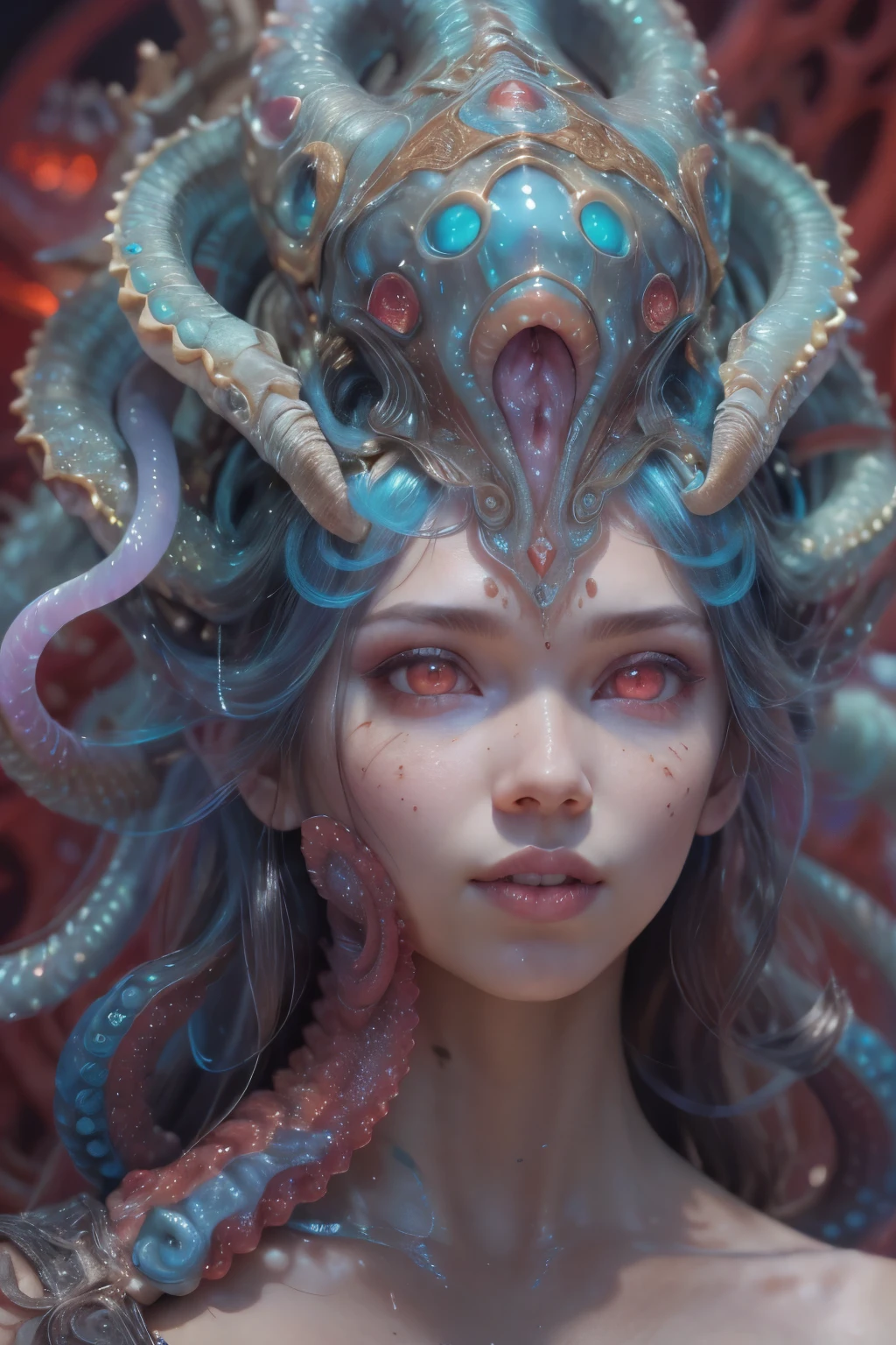 Portrait, (beautiful female alien:1.2),  (There is a female genital-like organ in the middle of the forehead.:1.8), (The most beautiful face in the history of the universe:1.2), (Glowing scarlet eyes:1.6), (Translucent pale skin:1.8), an evil gaze that seduces , (red eyes:1.5), Full body like, (Sexypose:1.5), alien, No humans, cells are fused, (Lots of translucent Blue tentacles:1.1), extraterrestrial, cell, bio image, (zenTangle, mandalas, Tangle, enTangle:0.98),(Fractal Art:0.9)(fluttered detailed color splashes:1.1),(marbling:1.1), (Vulgarity:1.15), (Sexy:1.4), sweet  breath, a sultry, ((Ecstasy:1.6)), Best Quality, 8K,4K_quality, High Definition, Dramatic Lighting, masutepiece:1.5,cinematic quality, detail up, (Intricate details:1.2), High resolution, High Definition, drawing faithfully, (Thick eyebrows:1.2), Beautiful eyes with fine symmetry, (Highly detailed face and eyes:1.2), (High-resolution red-eye:1.4), Intimate face, (Super detailed skin quality feeling:1.4), Perfect Anatomy,  (Beautiful toned body:1.5),  (Moist skin:1.2), No makeup, (dark circles:1.1), long canines, cinematic drawing of characters, ultra high quality model, cinematic quality, detail up, (Intricate details:1.2), High resolution, High Definition, drawing faithfully, Official art, Unity 8K wall  , 8K Portrait, Best Quality, Very High resolution, ultra detailed artistic photography, midnight aura,  unreal enginee 5, Ultra Sharp Focus, art by alberto seveso, ArtGerm, Roisch, intricate artwork, Medusa, best quality, masutepiece, ultra High resolution, (photos realistic：1.4), Ultra-realistic realism, dream-like,  nautilus, Creation of fantasy, Snail, Dream Snail,  (biopunk nautilus:1.4), Thrilling color schemes， Ultra-realistic realism， seductively smiling, Blue tentacles