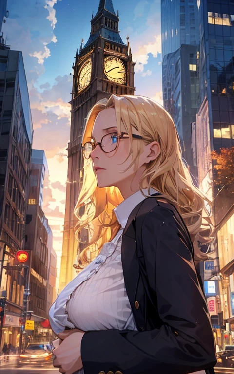 masterpiece, best detail ,(distinct_image), extreme cg,
delicate beautiful woman, (large breast, blond hair, glasses, dressing suit ),looking looking up from intersection,
building, decollate skyscraper, tower, clock tower, stacking, skyline,
from behind, from below, upper body,
cloudy night sky, moonlight, cold lighting