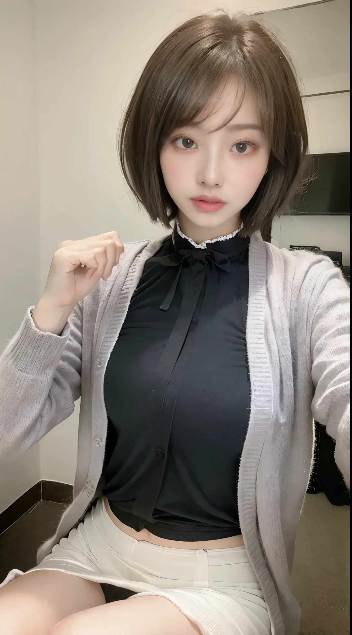 A close up of a woman in a black shirt and white skirt - SeaArt AI