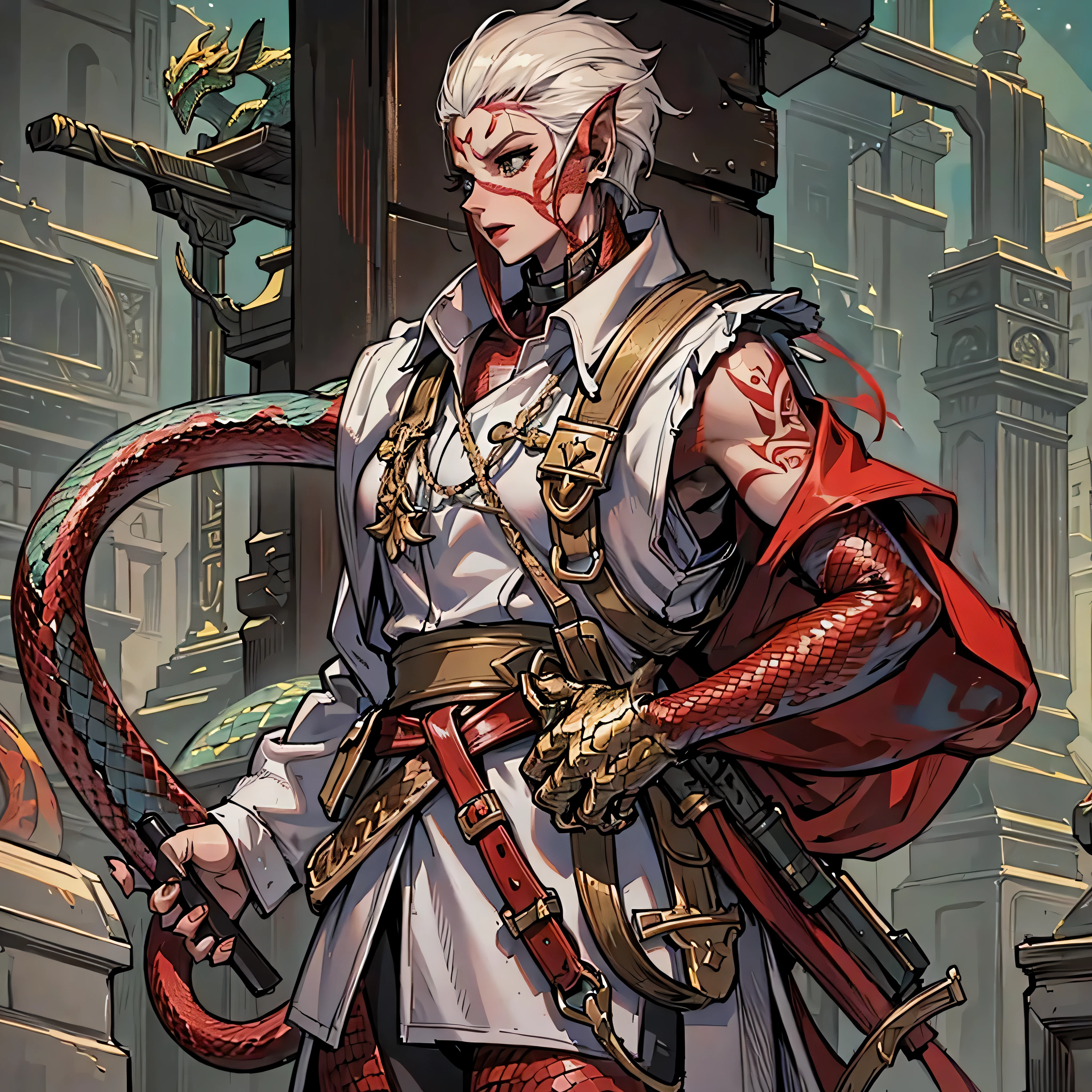 masterpiece, best quality,  solo,anime coloring, a cowboy shot of a tien with ((third eye:1.2)) and black eyes, white t-shirt,red sash, green pants, green wristbands, outdoors next to a ring,bald