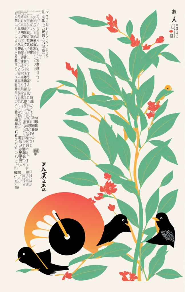 a graphic design poster for a festival with a hedge and a bird, 2023, 2 0 2 3, japanese graphic design, 🪔 🎨;🌞🌄, japanese illustrator, Middle metaverse, by Yanagawa Nobusada, by Sengai, by Kume Keiichiro, #illustration