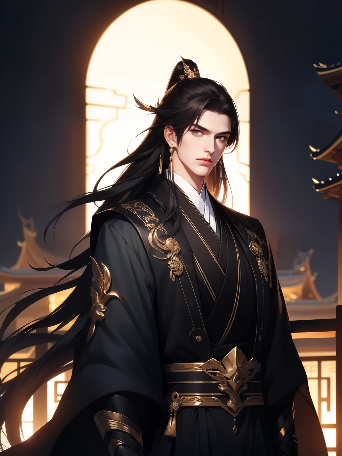 Best quality at best，tmasterpiece，16k,Men in Black，Pay attention to beautiful Chinese style clothes，natta，rays of moonlight，Asian architecture，Elaborate Eyes，Detailed faces，