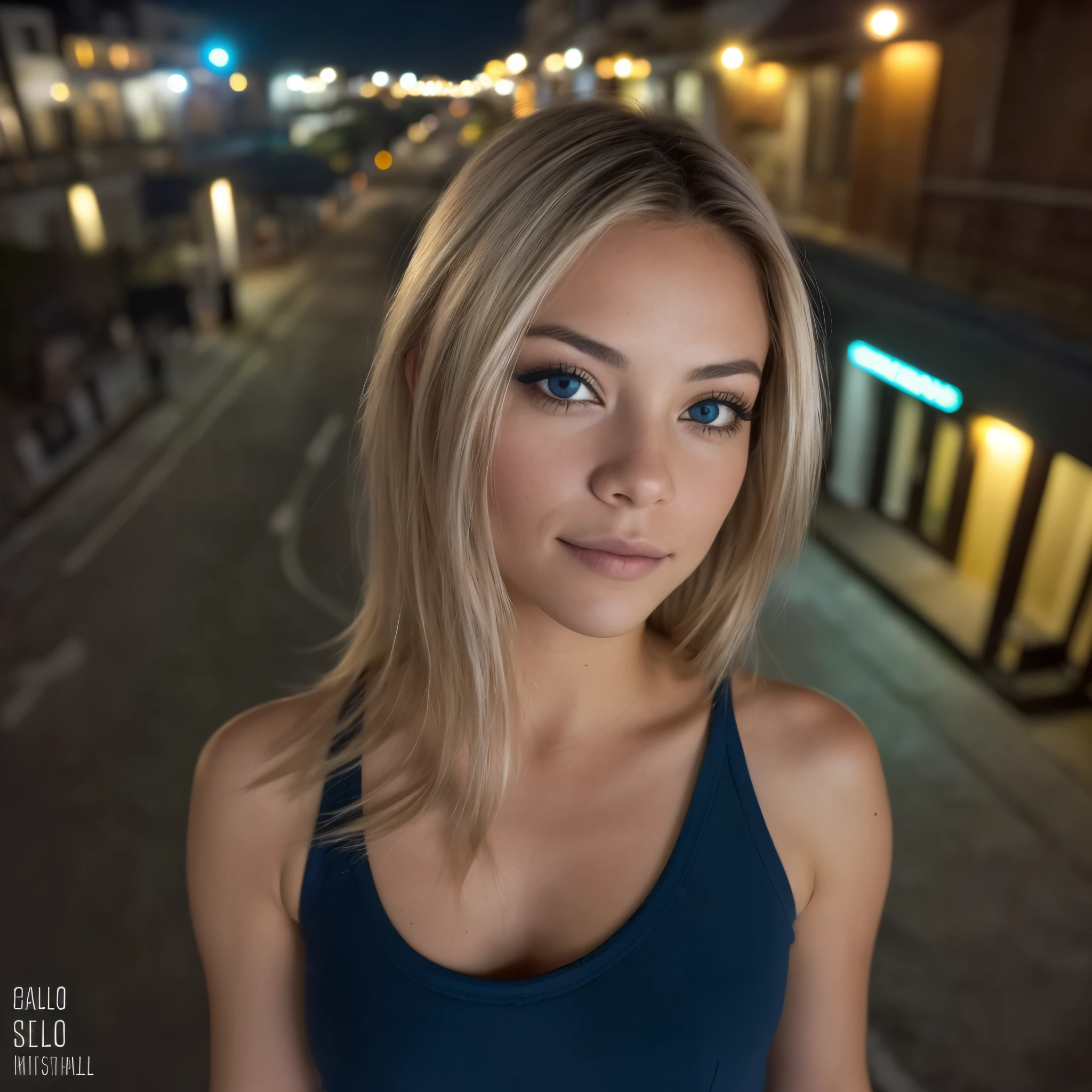 (Foto selfie, desde arriba:1.4), (postrait medio cuerpo:1.4), RAW uhd portrait photo of a 24 year old blonde (Mujer de ojos azules) walking down a dark alleyway, pecho natural, Antecedentes nocturnos de la ciudad, (Vestido de sol azul), (escote), Detallado (Texturas!, cabello!, brillar, Color!!, Imperfecciones:1.1), Ojos brillantes altamente detallados, (Looking at the camera), specular lighting, DSLR, Calidad Ultra, foco nítido, Tachuela afilada, DOF, Film grain, (centrado), Fujifilm XT3, Cristalina, Centro del marco, cara linda, foco nítido, farola, Neon lights, Bokeh, (Poca luz), discreto, Por la noche, (cielo nocturno)  poros detallados de la piel, piel grasa, tan, Detalles intrincados de los ojos