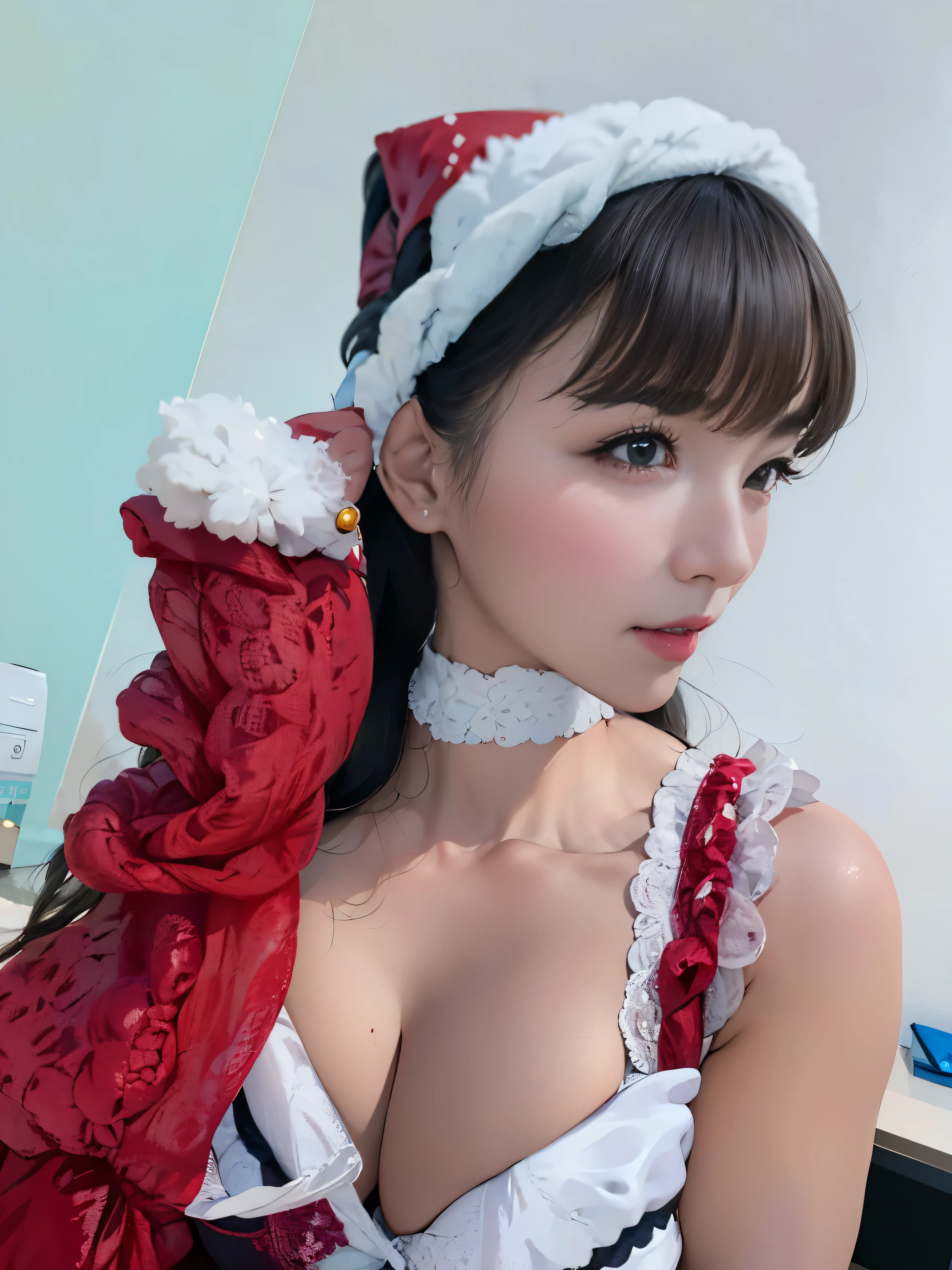 A woman wearing a Santa hat is taking a photo, sakimichan, sakimichan, 奈良美智, [32k hd]^10, twintails white_gloves, 4K post, 4 k post, 8K)), 4K], 4 k ], trending at cgstation, 1 8 I