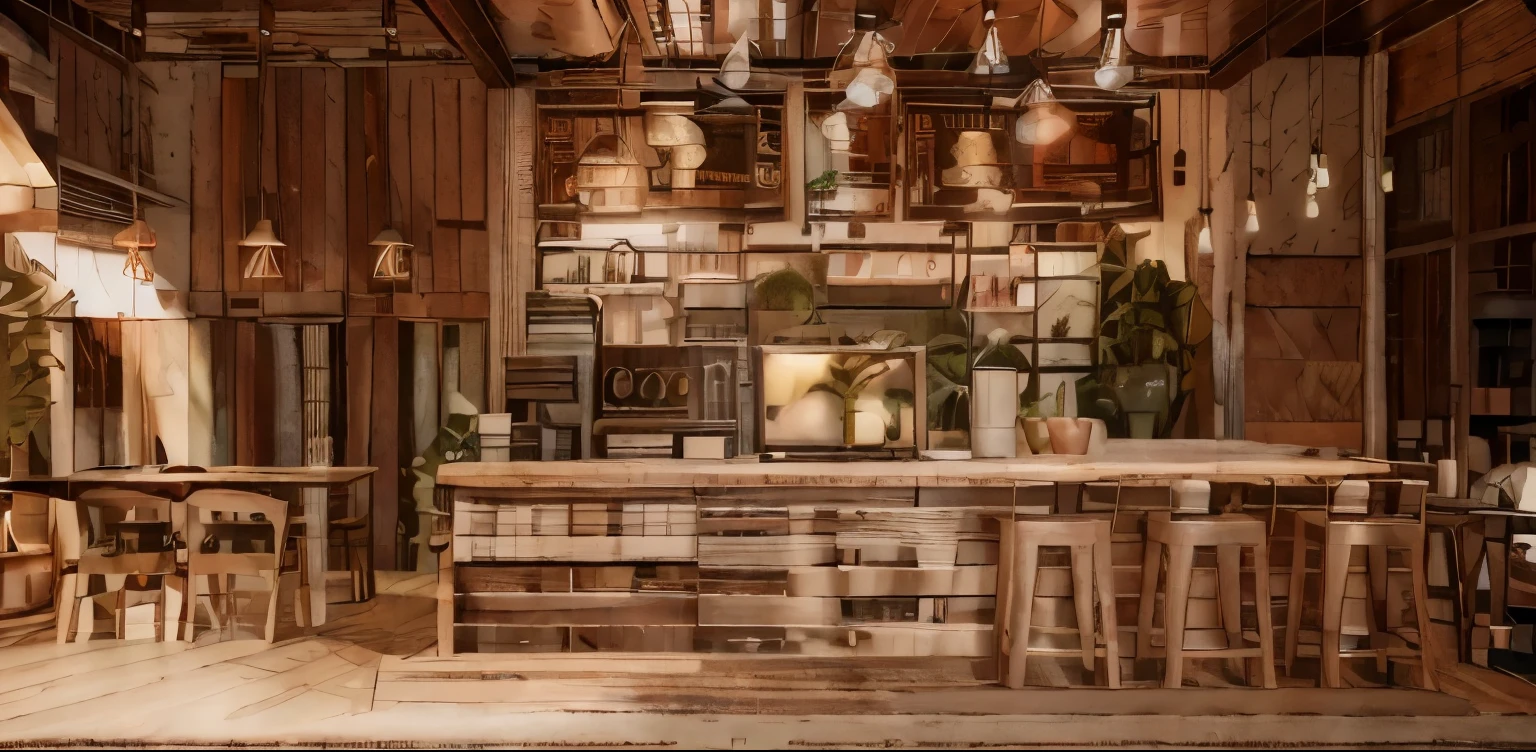 coffee shop,industrial style,HDR,UHD,8K,best quality,realistic,masterpiece,wide shot,Highly detailed,Plants, like succulents and vines, Simple paintings, Coffee. Mugs, Neutral colour carpet, Wooden stuff, Hanging lights, Cosy couches and pillows, Decorative books (especially those covering design or photography),Dark wood tables