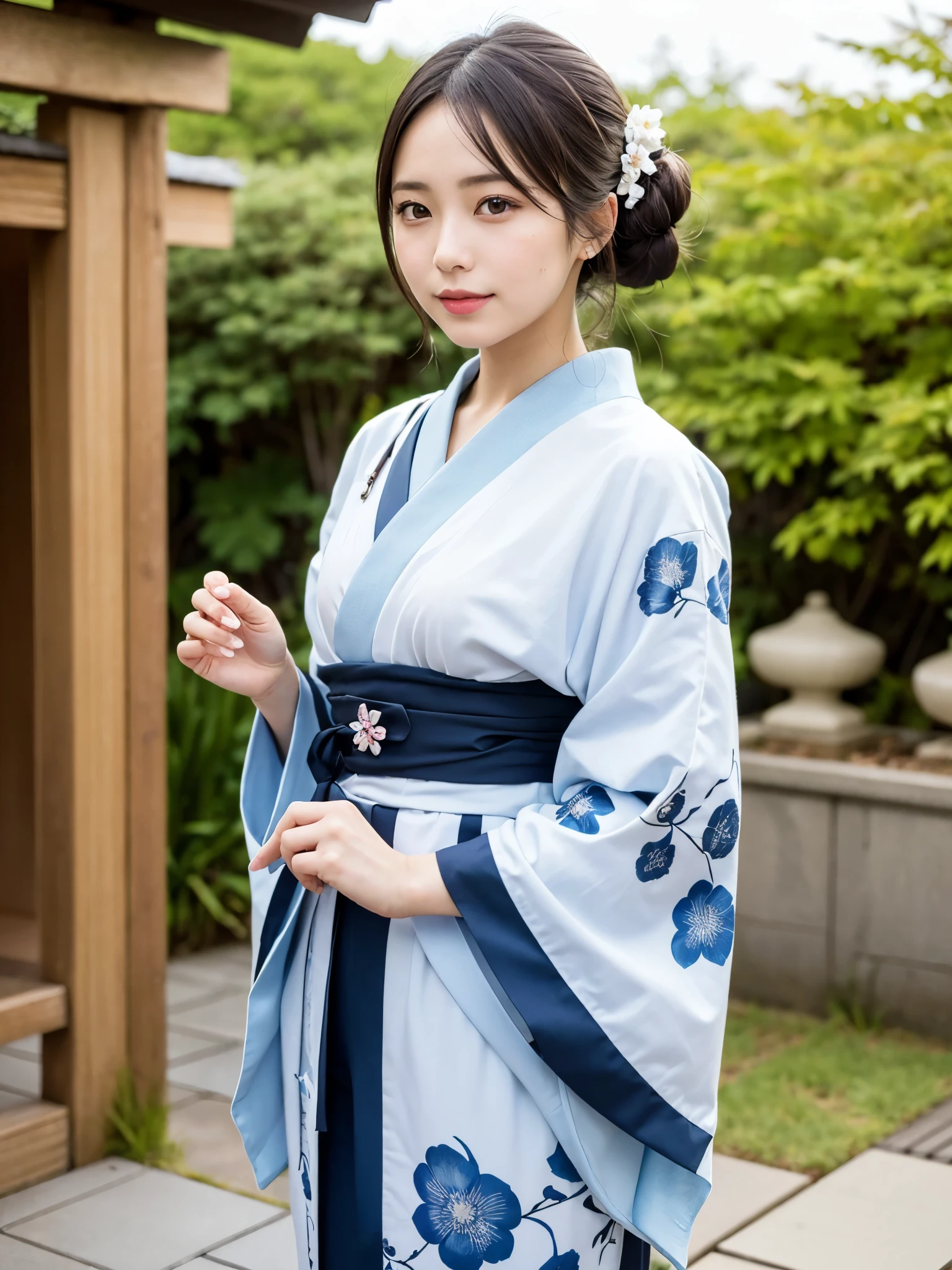 ((of the highest quality, 8K, masutepiece: 1.3, Raw photo)), Sharp Focus: 1.2, (1 AESPA Girl :1.1), Solo, (Realistic, Photorealistic: 1.37), (Face Focus: 1.1), Cute face, hyperdetailed face, (updo: 1.2), Small Smile, Japanese theme, flower pattern KIMONO, standing at the Japan Garden, cinematic lighting, Beautiful Japanese makeup, A beautiful woman that symbolizes Japan culture, thigh, tabi