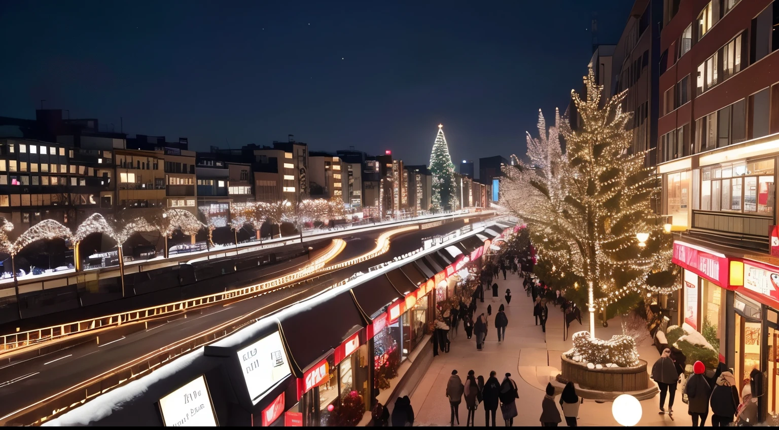 high-definition picture、wide-angle lens、The view outside from the coffee shop window、Scenery near the subway exit、christmas night、Streets bustling with Christmas illuminations、many cars running on the road、there are many people on the sidewalk、shopping street、It's snowing。