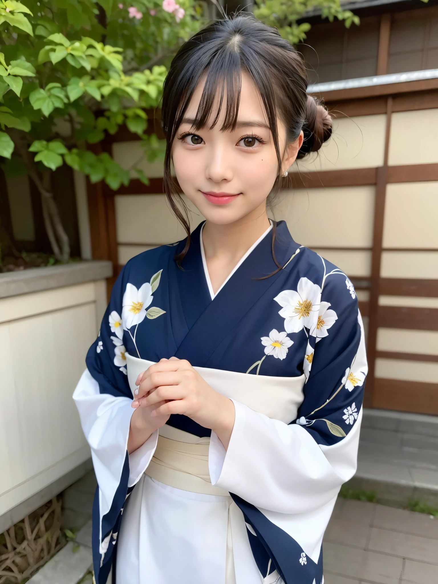 ((of the highest quality, 8K, masutepiece: 1.3, Raw photo)), Sharp Focus: 1.2, (1 AESPA Girl :1.1), Solo, (Realistic, Photorealistic: 1.37), (Face Focus: 1.1), Cute face, hyperdetailed face, (updo: 1.2), Small Smile, Japanese theme, flower pattern KIMONO, standing at the Japan Garden, cinematic lighting, Beautiful Japanese makeup, A beautiful woman that symbolizes Japan culture, thigh, tabi