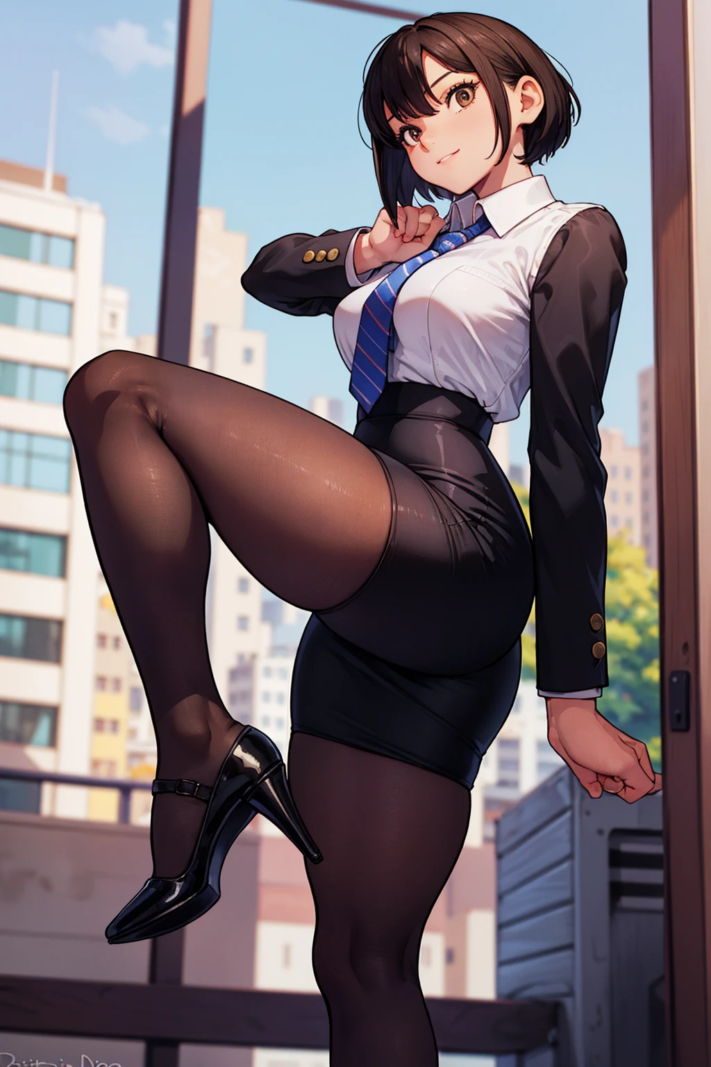 masterpiece, best quality,1girl,young girl,brown eyes,short hair,happy smile,shiny skin,(nice leg line:1.3),thick thighs,thin waist,huge breasts
BREAK
school uniform,necktie, ((pencil skirt)),pantyhose,high heels
BREAK
park,crowd look surprised,depth of field,looking at viewer,standing,from side,upper body,legsupsexms