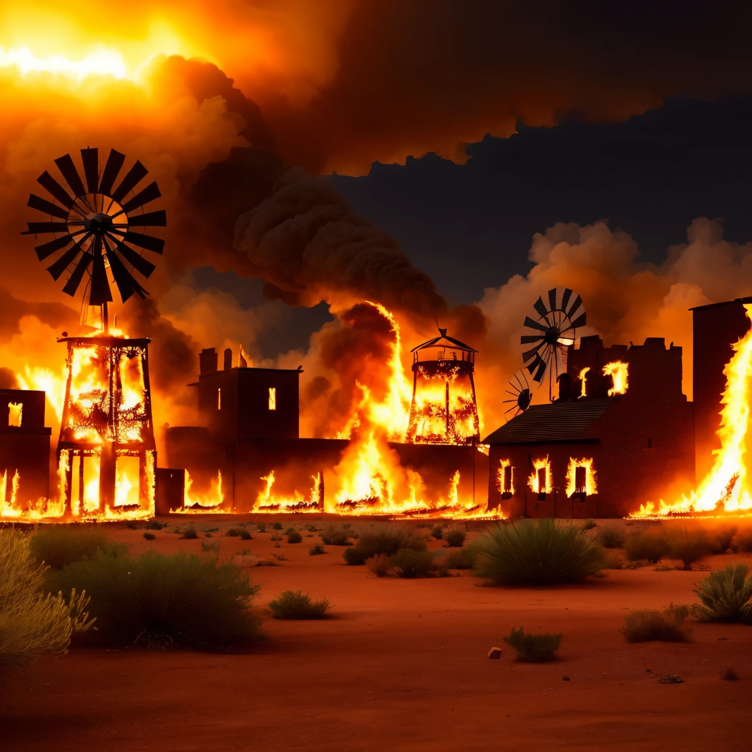 flame, fire, burning buildings, summer, there is a desert scene with a windmill and a desert town, western town, old west town, walking the wild west wastelands, 4 k wild west, wild west background, steampunk city background, oldwest